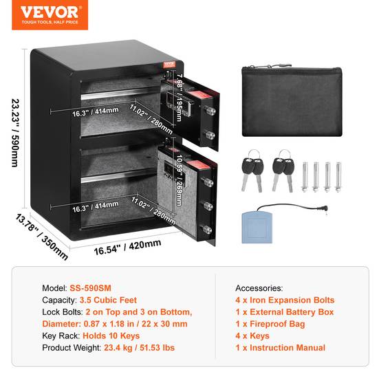 VEVOR Coffre-fort double porte 99L, déverrouillage clé/mot de passe, sac ignifuge, LED, noir. - Image 7