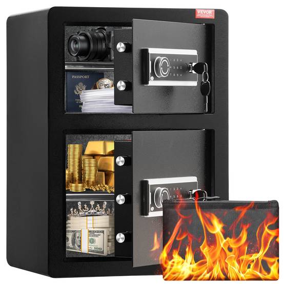 VEVOR Coffre-fort double porte 99L, déverrouillage clé/mot de passe, sac ignifuge, LED, noir. - Image 1