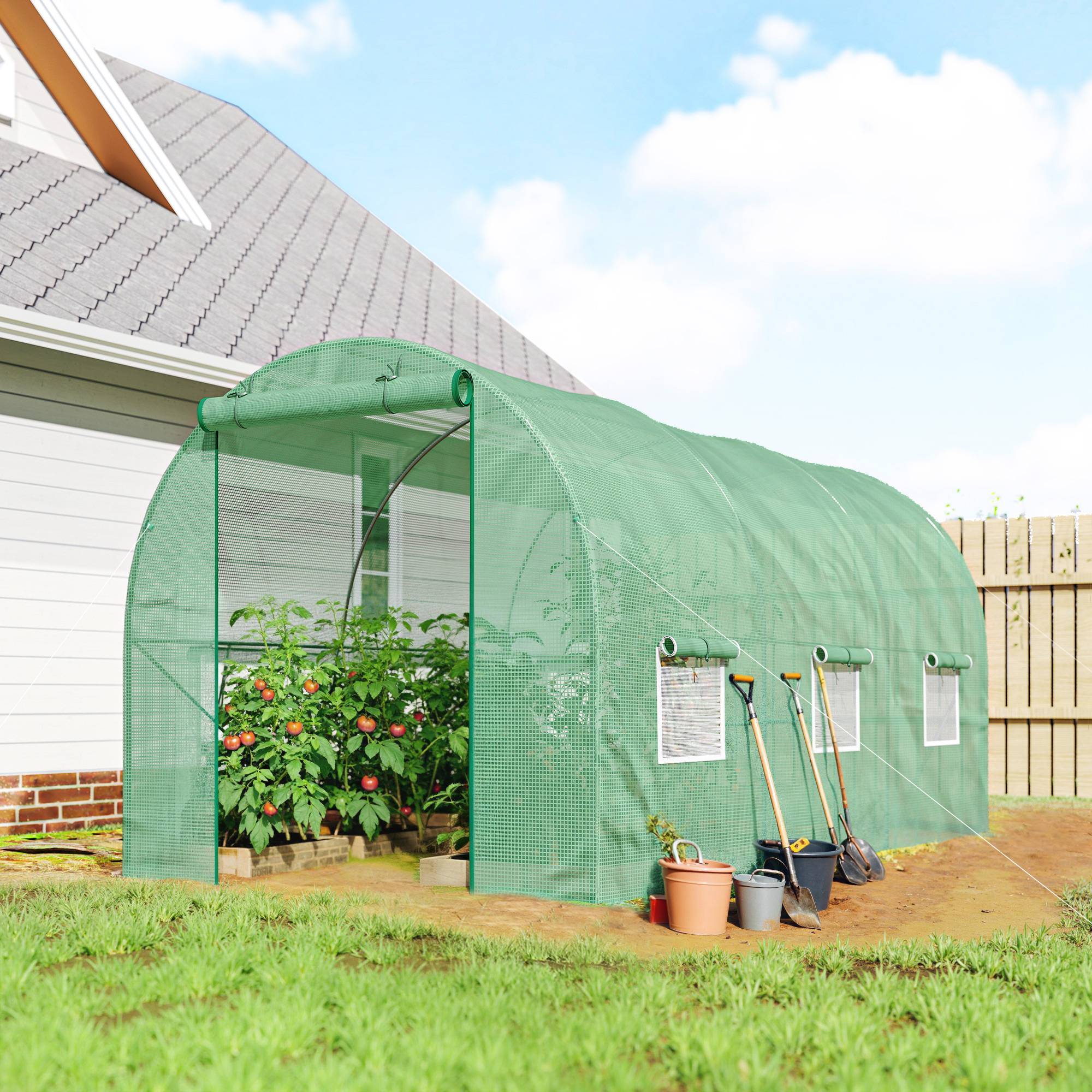 ComfortXL - Serre tunnel de jardin métal 4,45 x 2 x 2 m verte potager porte enroulable 4 fenêtres - ComfortXL Outdoor Living - Image 1