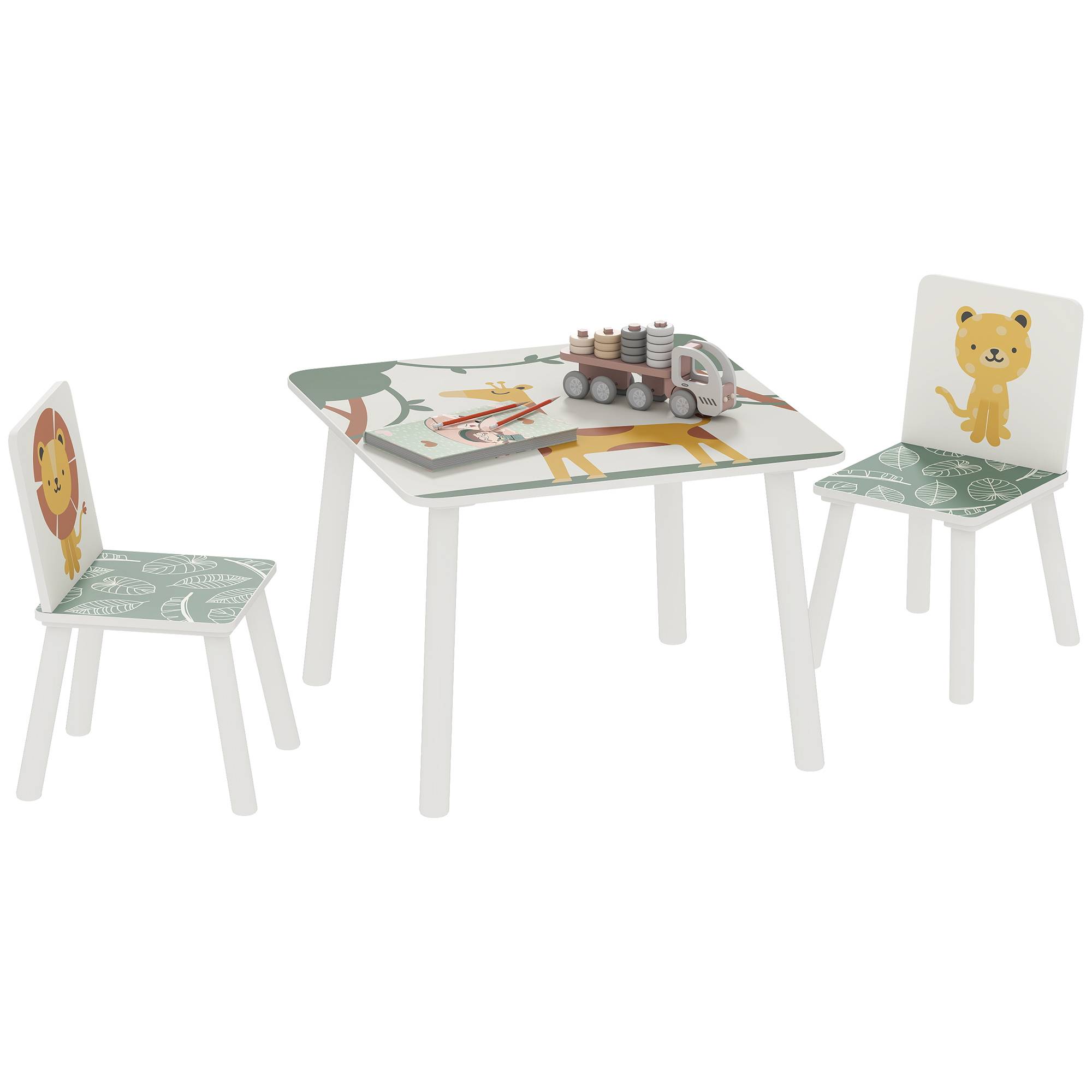 Ensemble table et chaises pour enfants 3 pièces, table et 2 chaises en pin pour enfants de 3 ans et plus, 60 x 60 x 44 cm, vert - Image 1