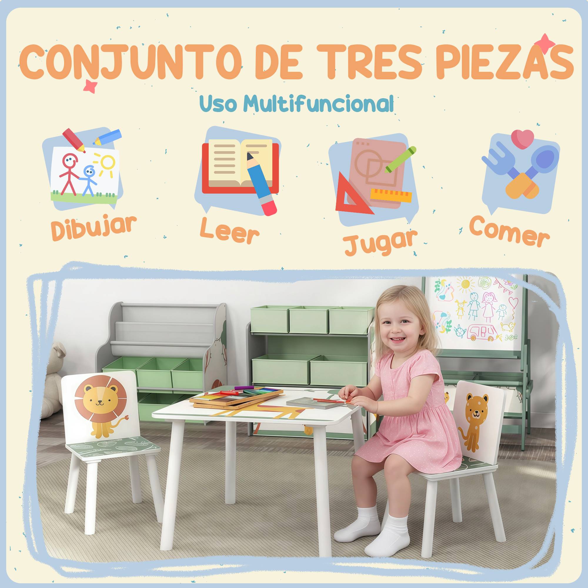 Ensemble table et chaises pour enfants 3 pièces, table et 2 chaises en pin pour enfants de 3 ans et plus, 60 x 60 x 44 cm, vert - Image 6