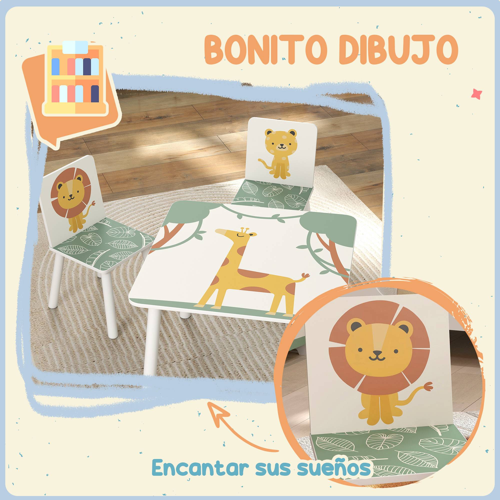 Ensemble table et chaises pour enfants 3 pièces, table et 2 chaises en pin pour enfants de 3 ans et plus, 60 x 60 x 44 cm, vert - Image 7