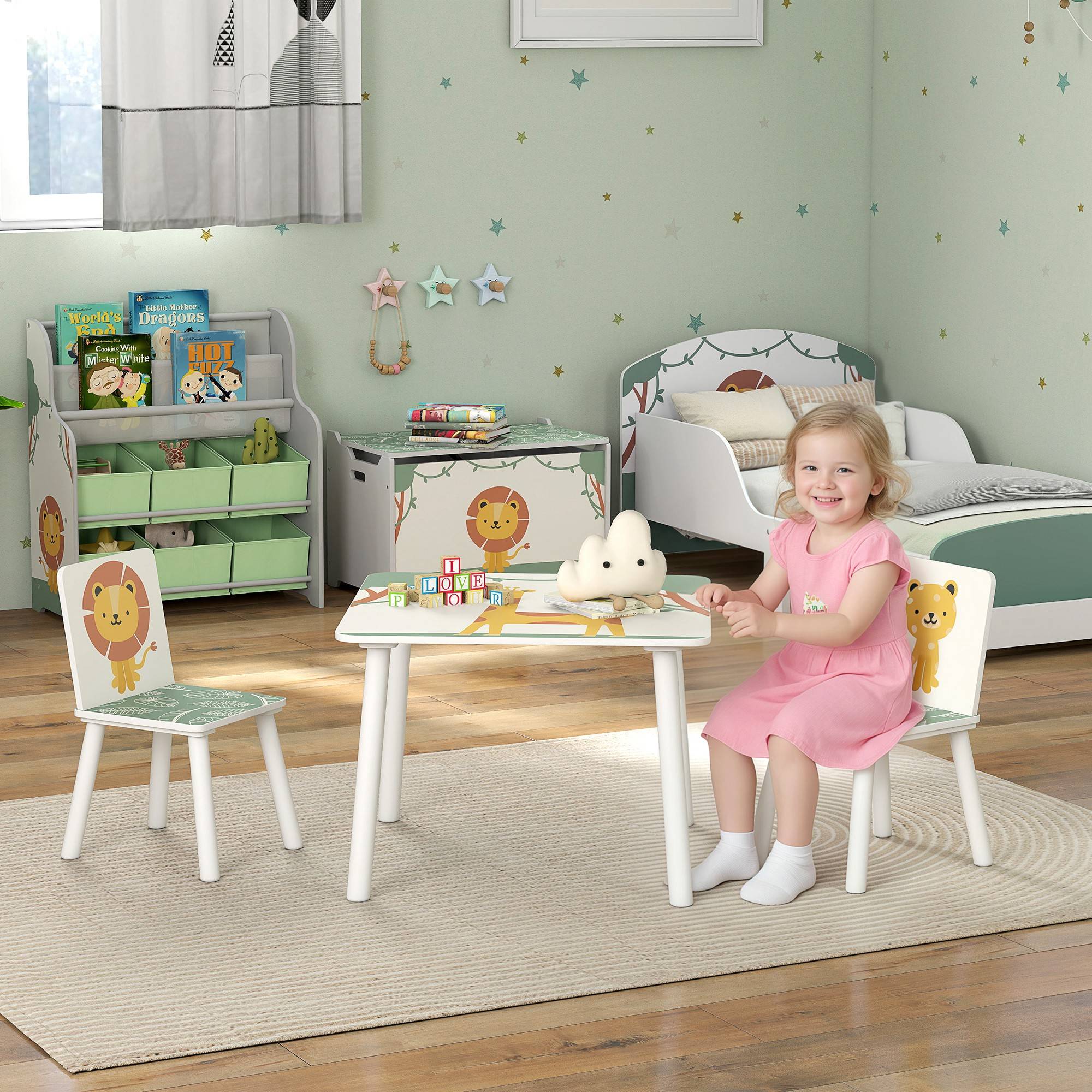 Ensemble table et chaises pour enfants 3 pièces, table et 2 chaises en pin pour enfants de 3 ans et plus, 60 x 60 x 44 cm, vert - Image 3