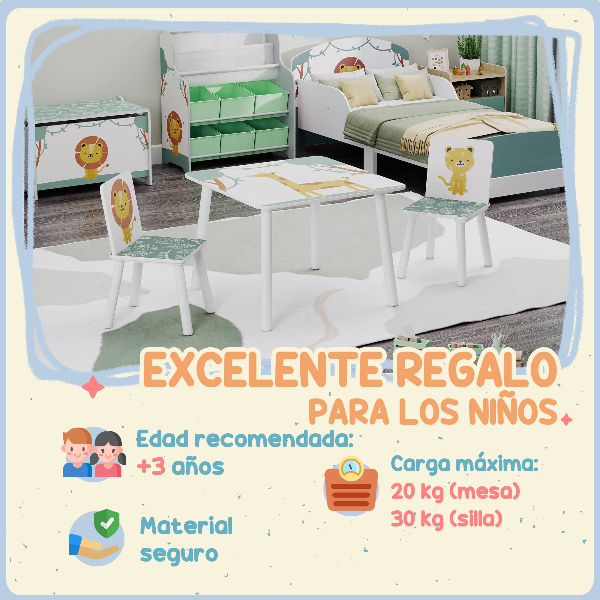 Ensemble table et chaises pour enfants 3 pièces, table et 2 chaises en pin pour enfants de 3 ans et plus, 60 x 60 x 44 cm, vert - Image 9