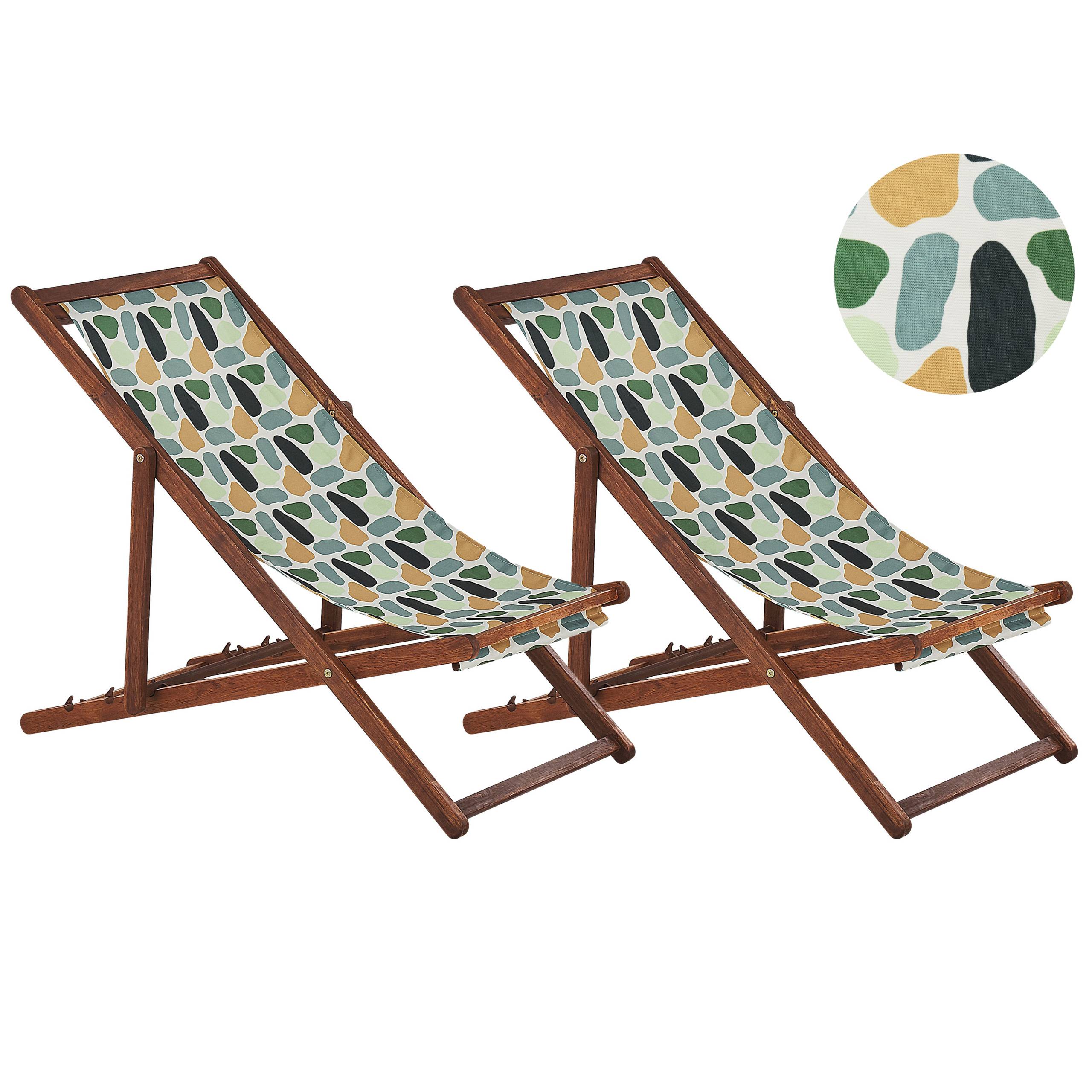 Beliani - 2 Transats Chiliennes Pliantes et Réglables en Bois d'Acacia Foncé et Textile Motif Géométrique avec Toiles de Remplacement - Imagen 1