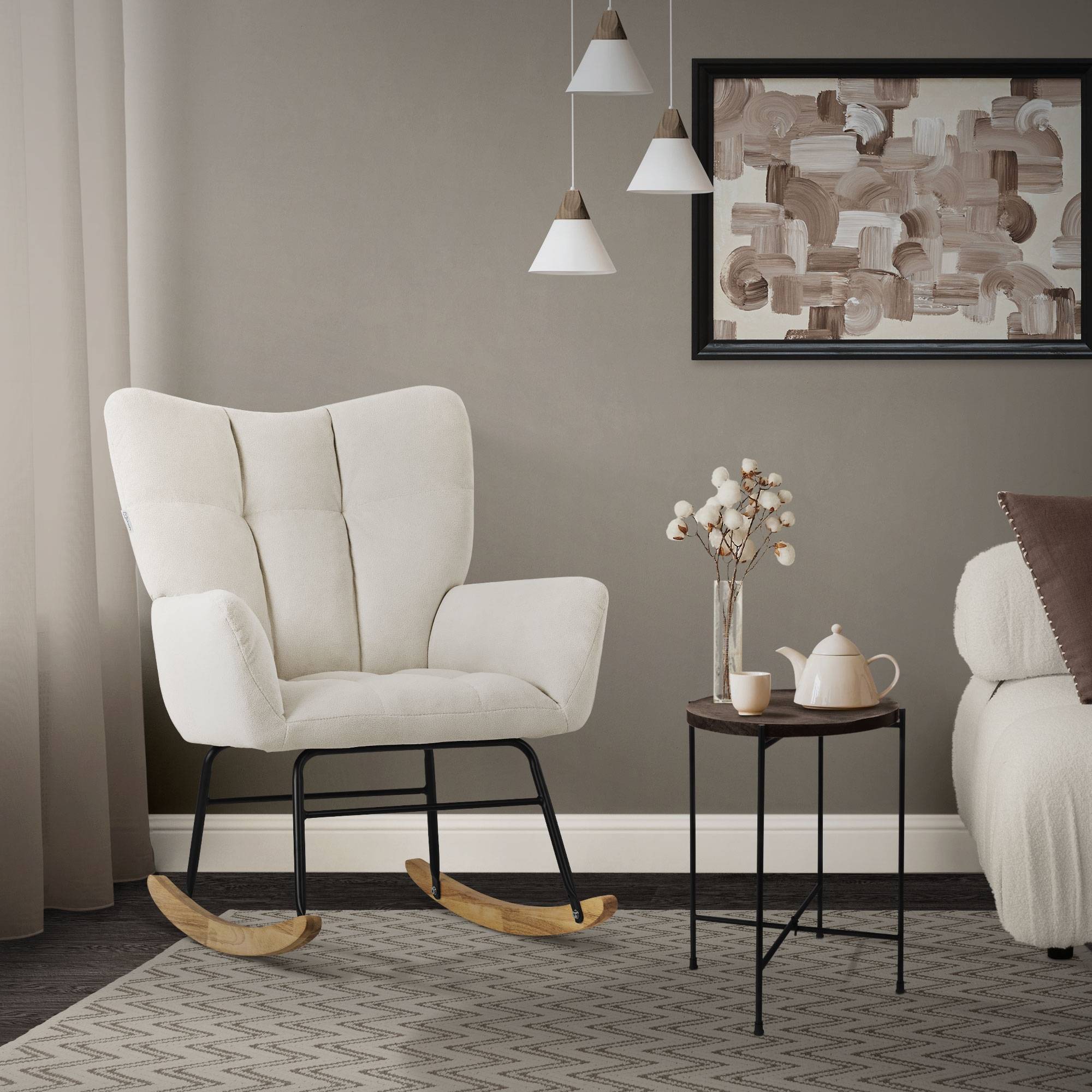 Ml-Design - Fauteuil à bascule beige avec housse en tissu éponge structure en acier pieds en bois naturel chaise relaxation oscillant rembourré pour salon chambre - Image 7