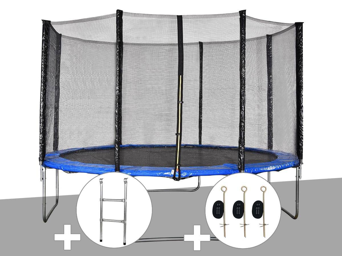 Jardideco - Kit trampoline Jardideco Cronos Ø 3,66 m Bleu + Echelle + Kit d'ancrage