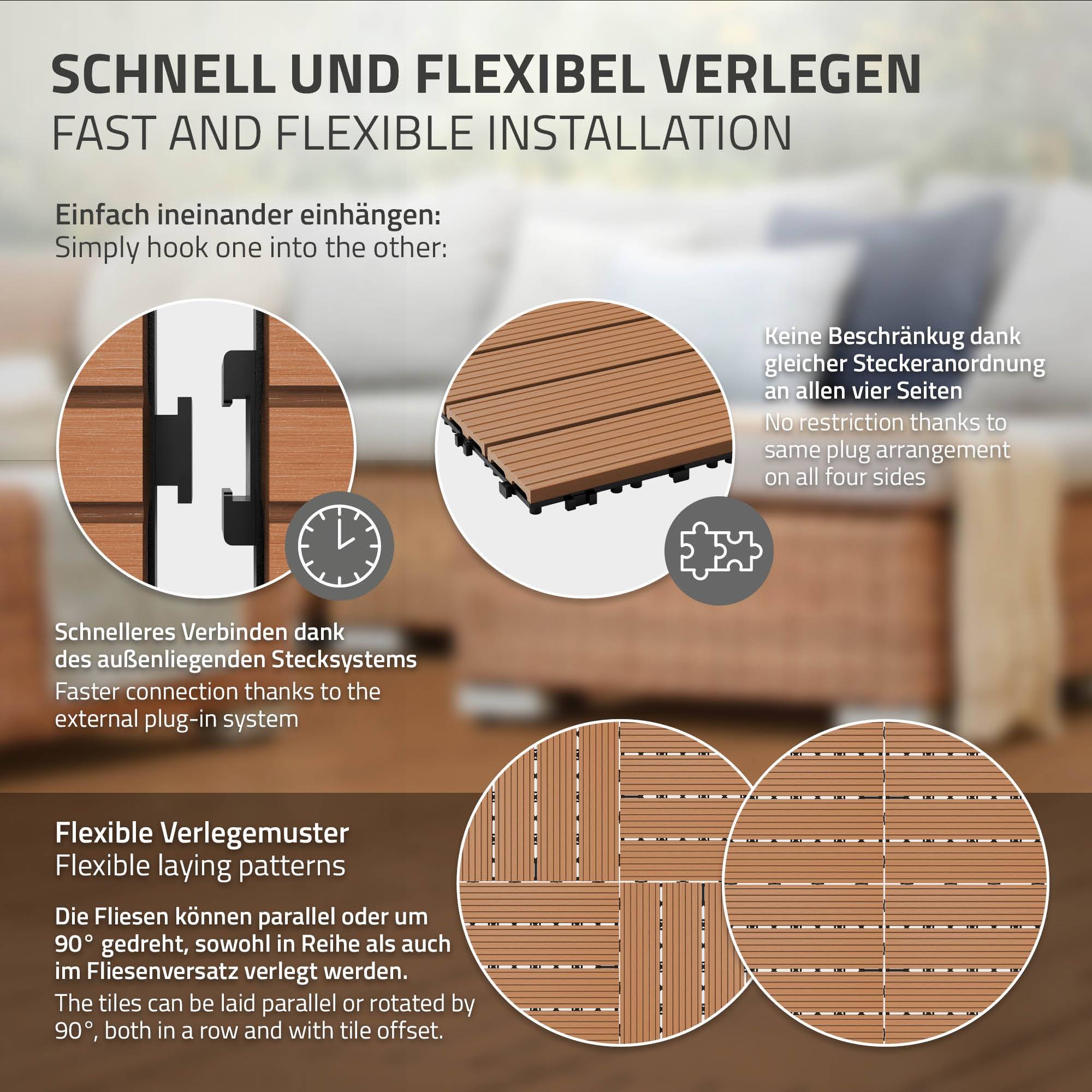 Ecd-Germany - Carreaux terrasse dalles 30x30cm 3m² aspect bois marron clair - Imagen 5