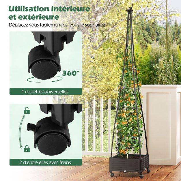 Jardinière surélevée à roulettes avec treillis lit de jardin avec auto-drainage oiseaux et flèches décoratives cage à tomates 41 x 41 x 208 cm noir - Image 4