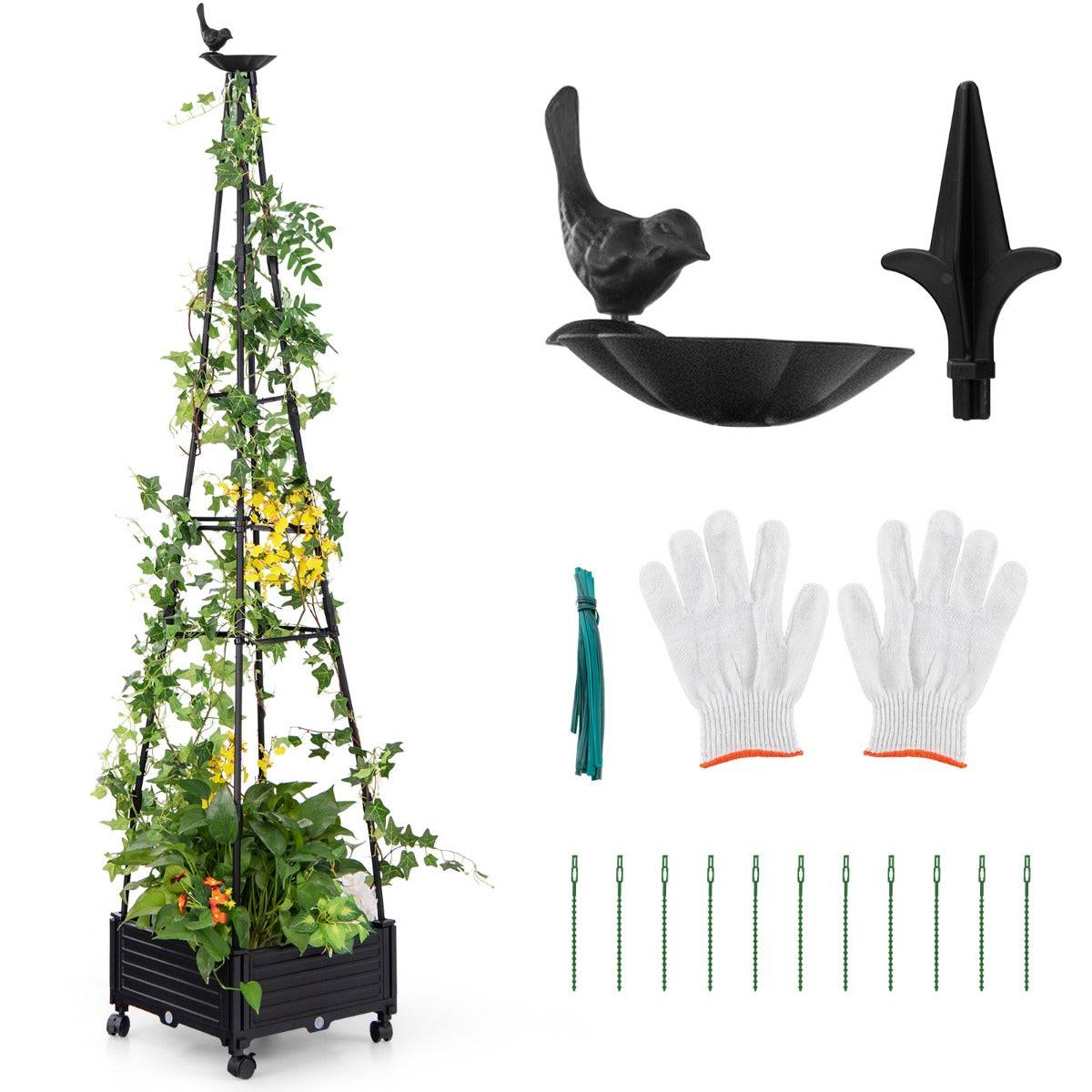 Jardinière surélevée à roulettes avec treillis lit de jardin avec auto-drainage oiseaux et flèches décoratives cage à tomates 41 x 41 x 208 cm noir - Image 1