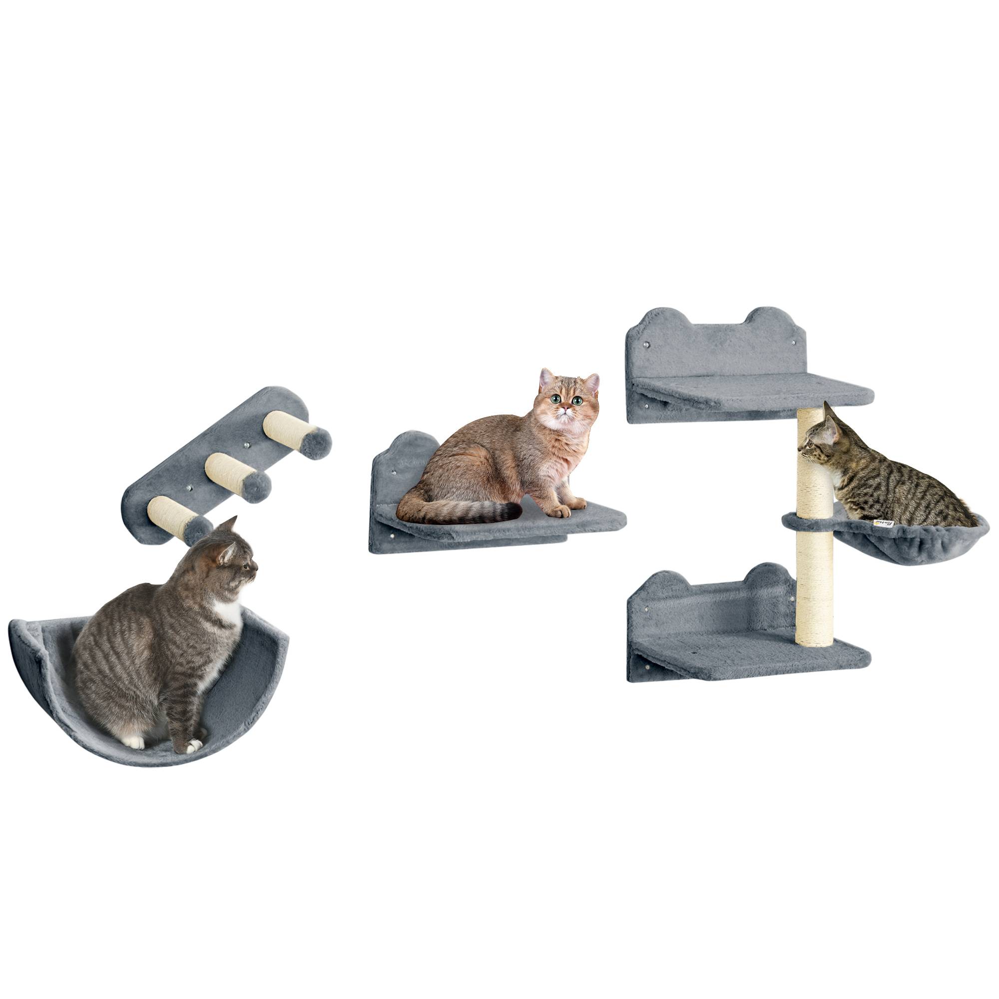Arbre à chat parcours mural complet 4 pièces griffoir hamac plateforme sisal peluche gris - Image 1