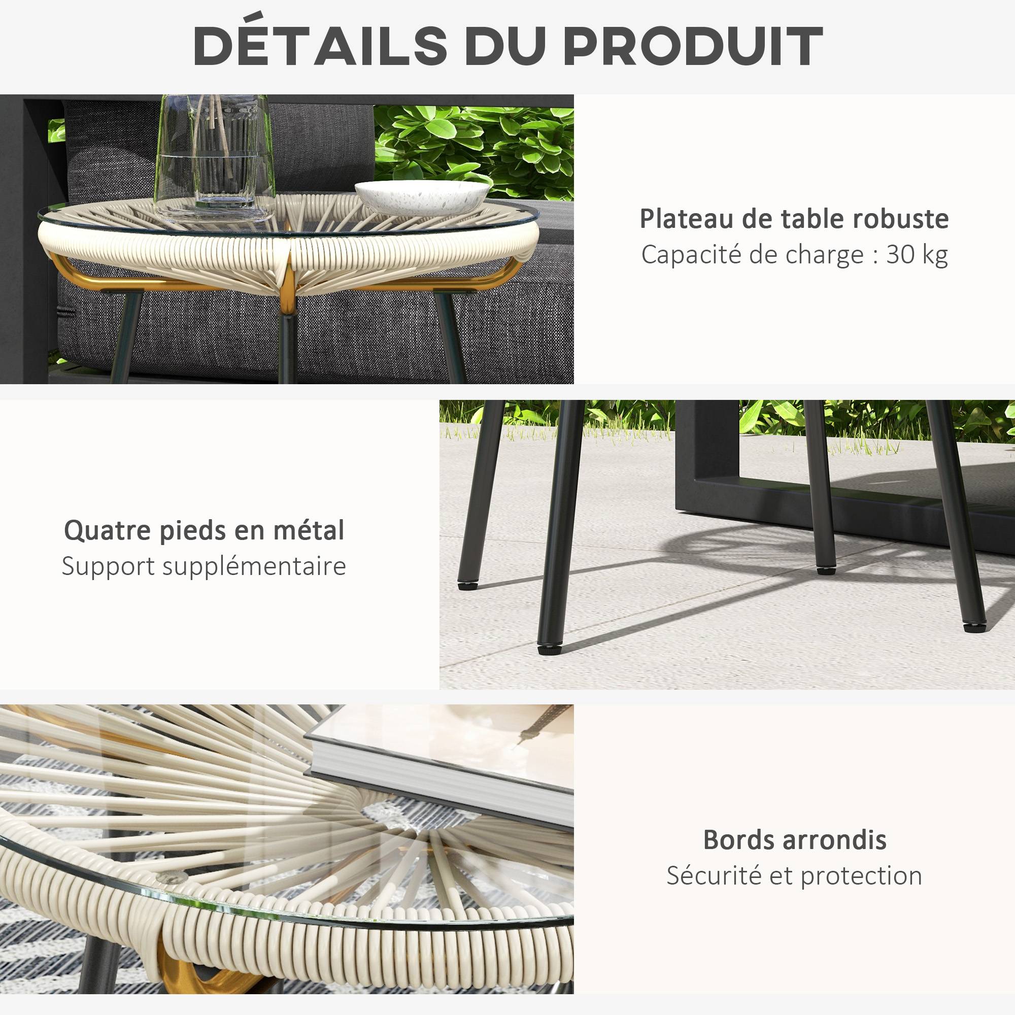 Sans Marque - Table basse ronde de jardin en résine aspect rotin métal et plateau verre trempé Ø 50 x 50 cm crème - Image 8