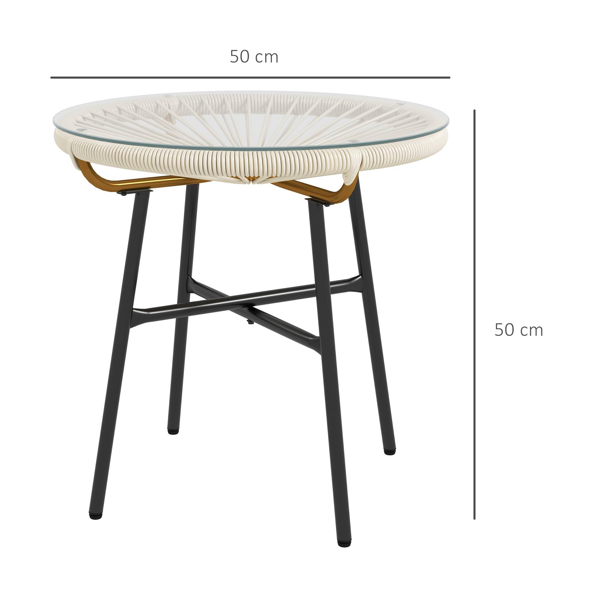 Sans Marque - Table basse ronde de jardin en résine aspect rotin métal et plateau verre trempé Ø 50 x 50 cm crème - Image 5