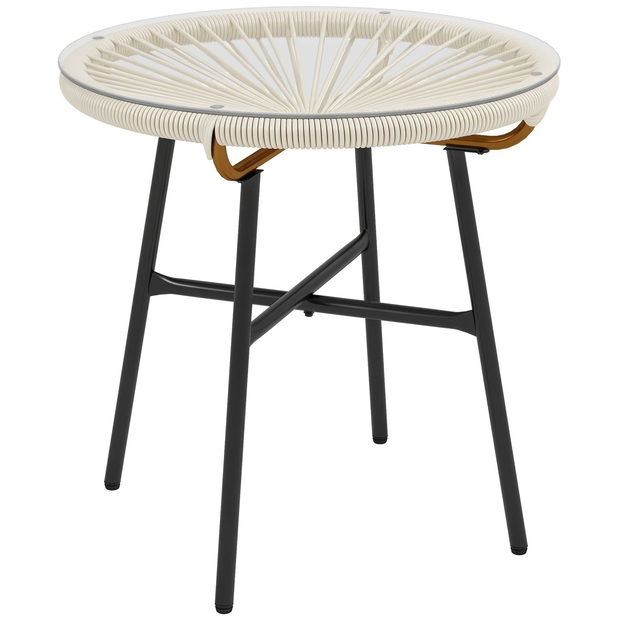 Sans Marque - Table basse ronde de jardin en résine aspect rotin métal et plateau verre trempé Ø 50 x 50 cm crème - Image 1