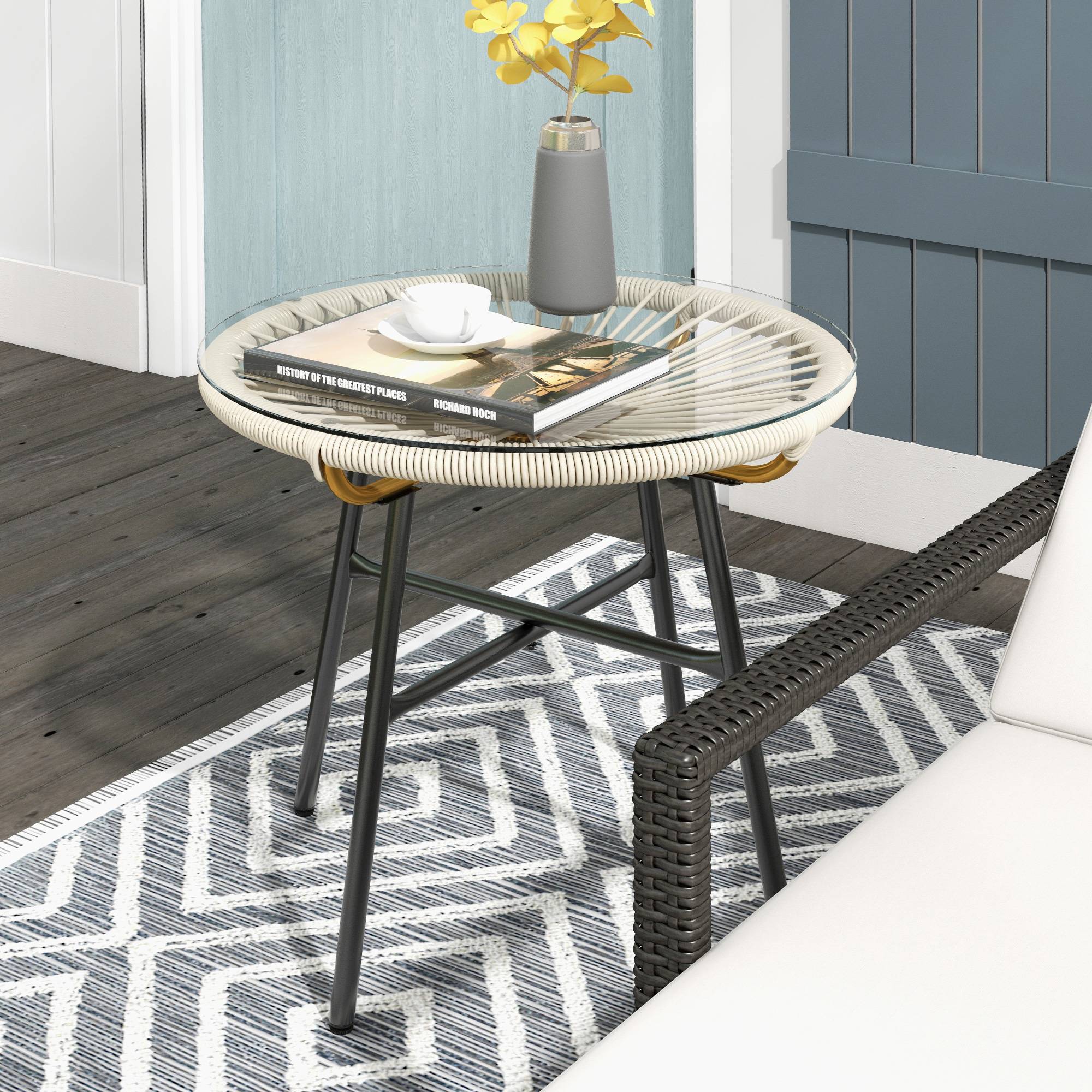 Sans Marque - Table basse ronde de jardin en résine aspect rotin métal et plateau verre trempé Ø 50 x 50 cm crème - Image 3