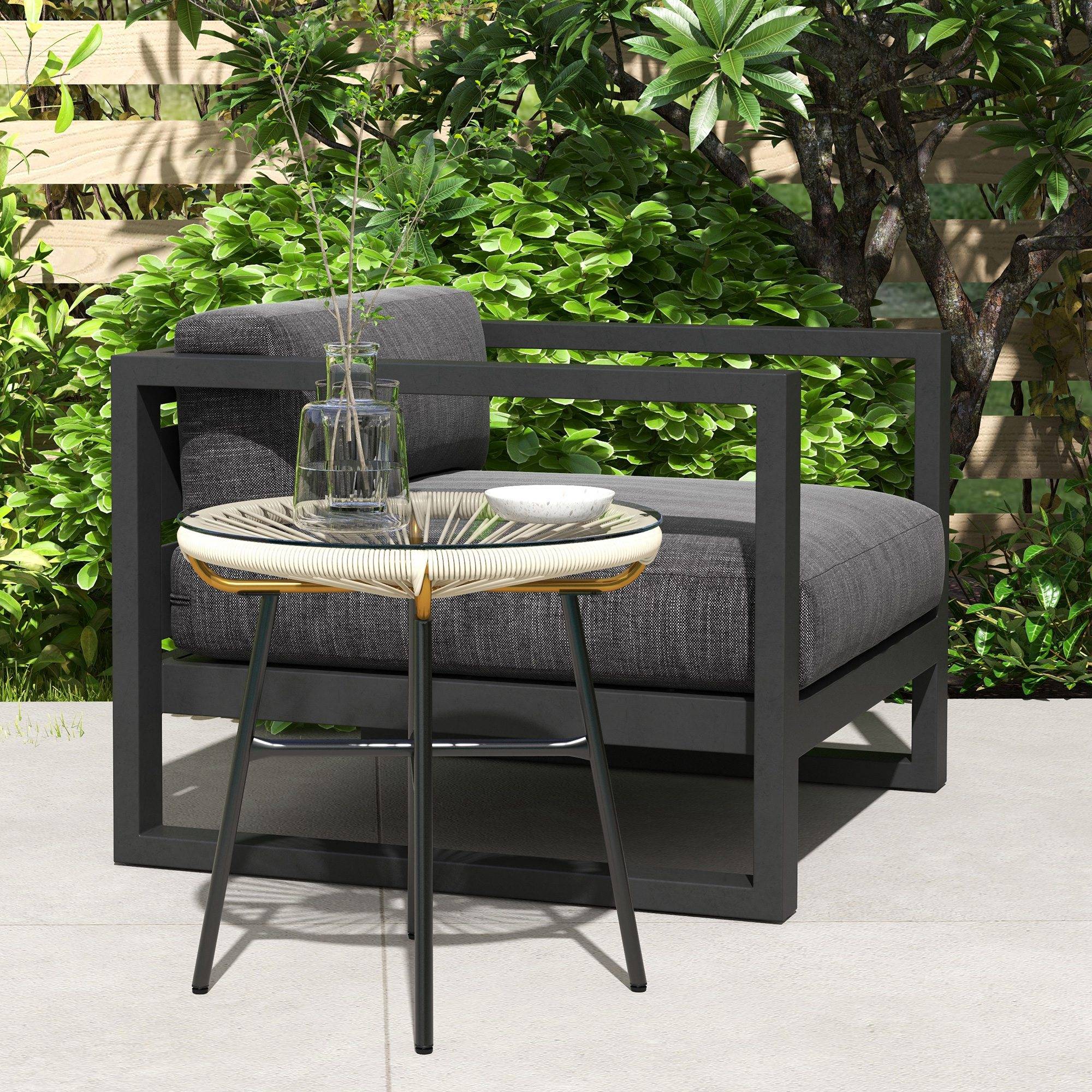 Sans Marque - Table basse ronde de jardin en résine aspect rotin métal et plateau verre trempé Ø 50 x 50 cm crème - Image 4