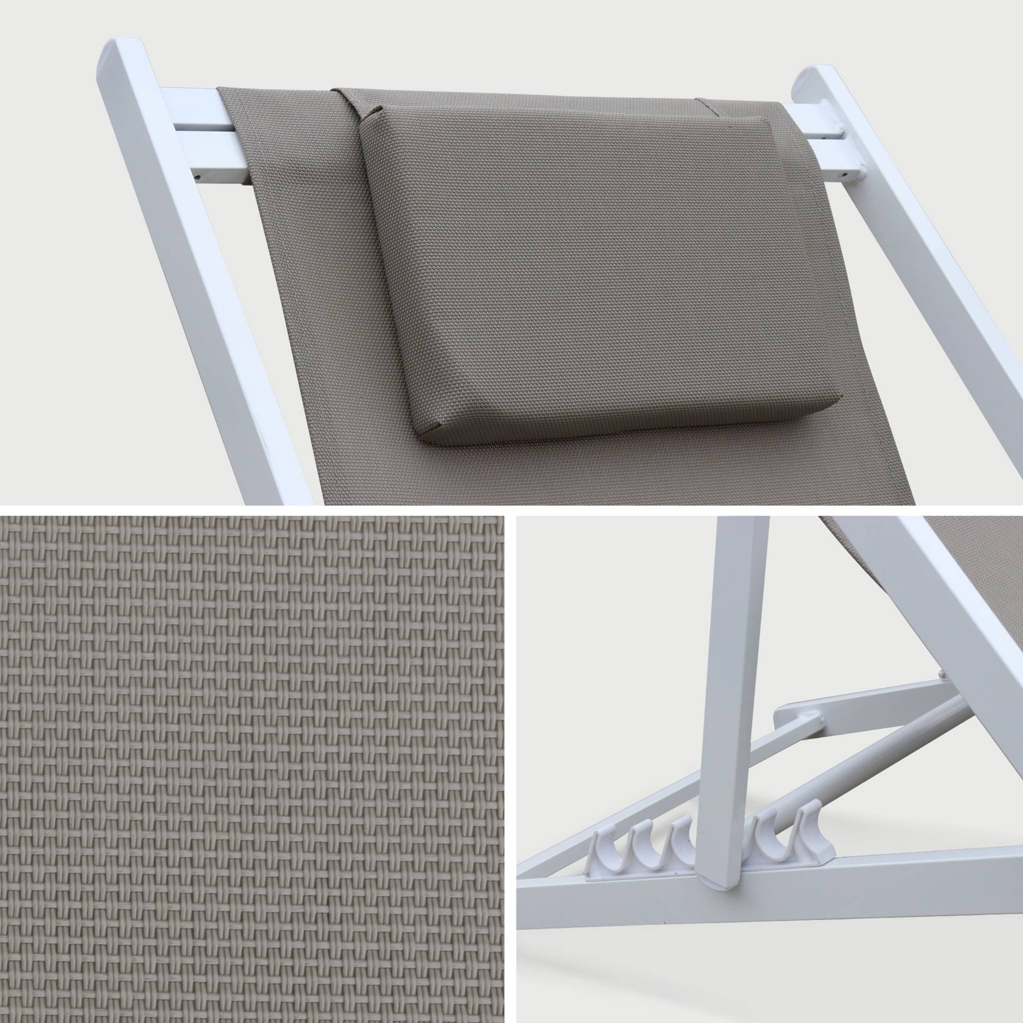 Lot de 2 bains de soleil - Gaia taupe - en aluminium blanc et textilene taupe avec coussin repose tête. chilienne | sweeek - Image 4