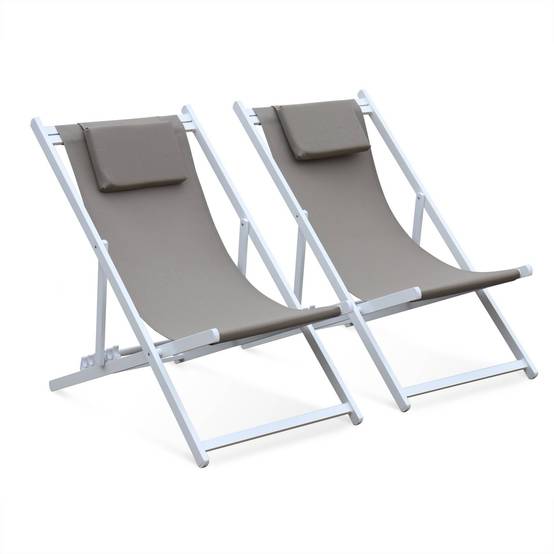 Lot de 2 bains de soleil - Gaia taupe - en aluminium blanc et textilene taupe avec coussin repose tête. chilienne | sweeek - Image 2