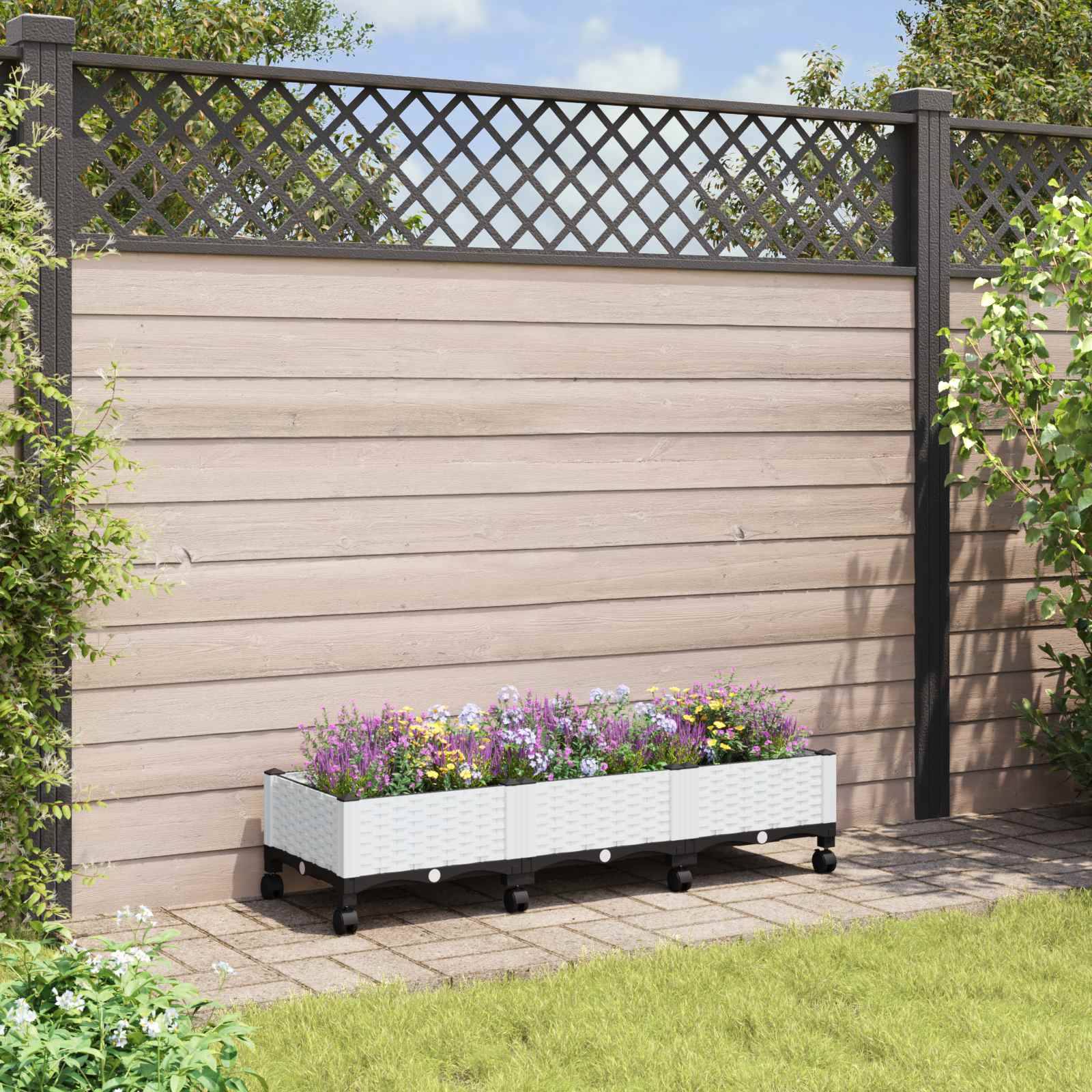 ComfortXL - Bac plante rectangulaire roulettes terrasse extérieur drainage 120x40x33cm blanc - ComfortXL Outdoor Living - Image 1