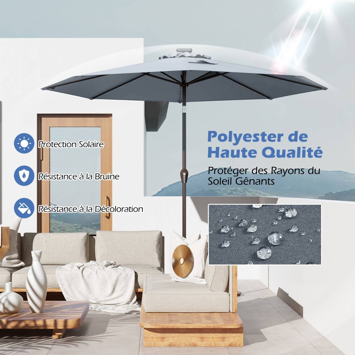 Parasol Inclinable Dia.300cm LED Dolaire en Scier Toile Polyester pour Jardin et Terrasse Gris - Image 5