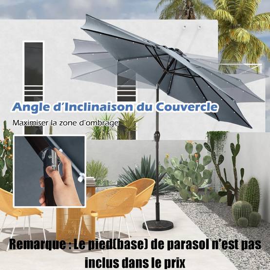 Parasol Inclinable Dia.300cm LED Dolaire en Scier Toile Polyester pour Jardin et Terrasse Gris - Image 6