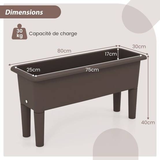 Lot de 2 jardinières surélevée à arrosage automatique lits de jardin surélevés avec pieds amovibles trou de drainage marron - Image 5