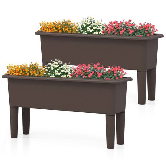 Lot de 2 jardinières surélevée à arrosage automatique lits de jardin surélevés avec pieds amovibles trou de drainage marron - Image 1