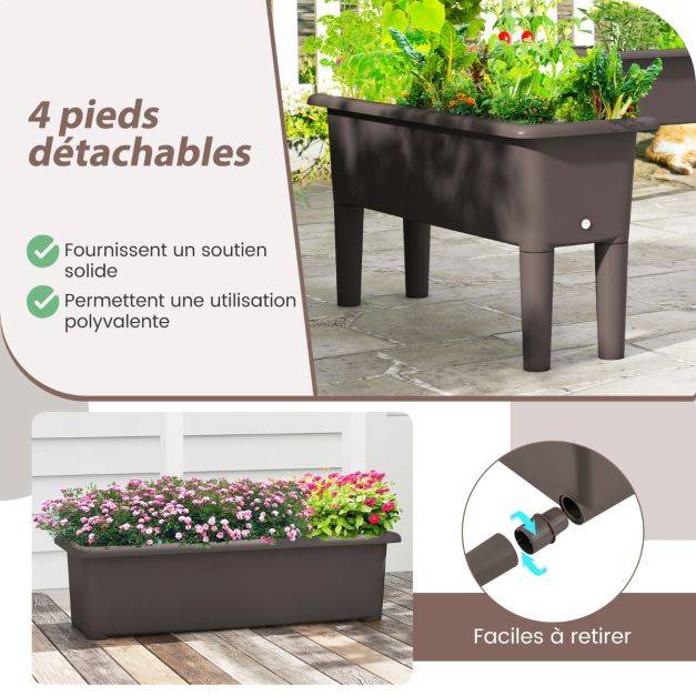 Lot de 2 jardinières surélevée à arrosage automatique lits de jardin surélevés avec pieds amovibles trou de drainage marron - Image 3