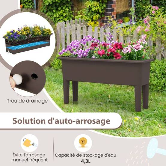 Lot de 2 jardinières surélevée à arrosage automatique lits de jardin surélevés avec pieds amovibles trou de drainage marron - Image 2