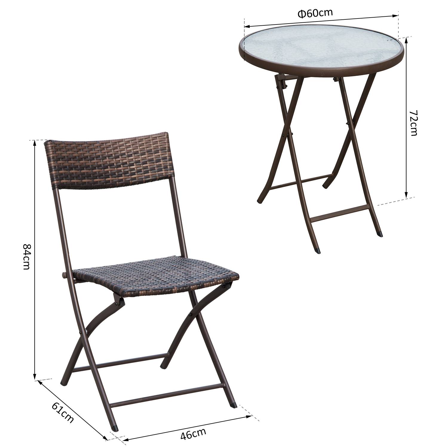 Outsunny - Ensemble salon de jardin 2 places table ronde pliable plateau verre trempé chaises pliantes résine tressée chocolat - Outsunny - Imagen 3