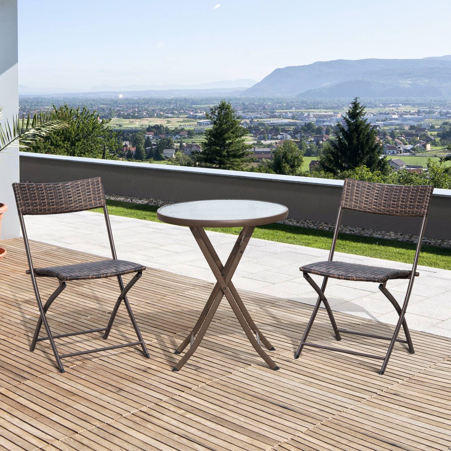 Outsunny - Ensemble salon de jardin 2 places table ronde pliable plateau verre trempé chaises pliantes résine tressée chocolat - Outsunny - Imagen 2