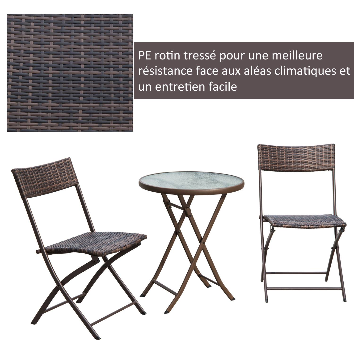 Outsunny - Ensemble salon de jardin 2 places table ronde pliable plateau verre trempé chaises pliantes résine tressée chocolat - Outsunny - Imagen 5