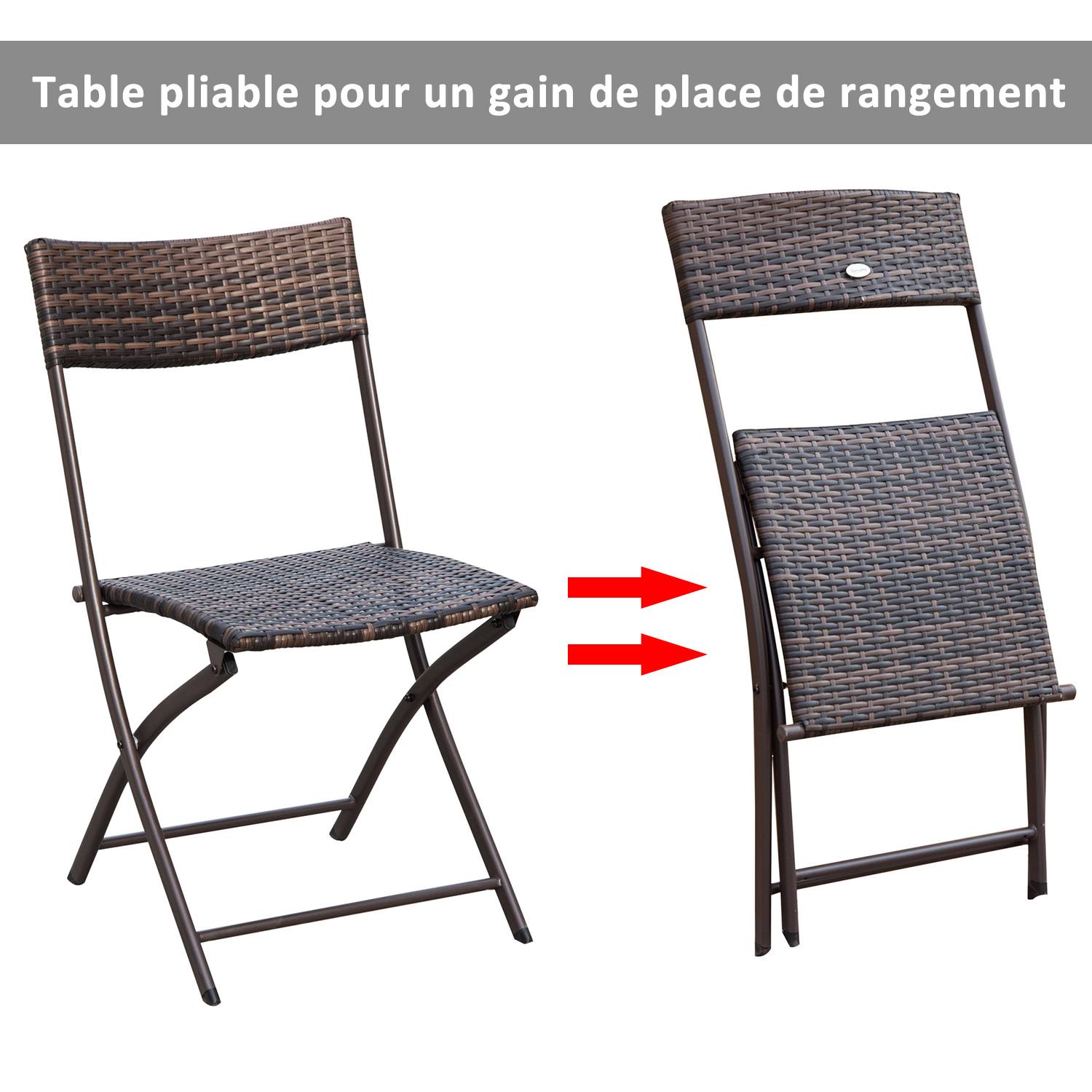 Outsunny - Ensemble salon de jardin 2 places table ronde pliable plateau verre trempé chaises pliantes résine tressée chocolat - Outsunny - Imagen 4