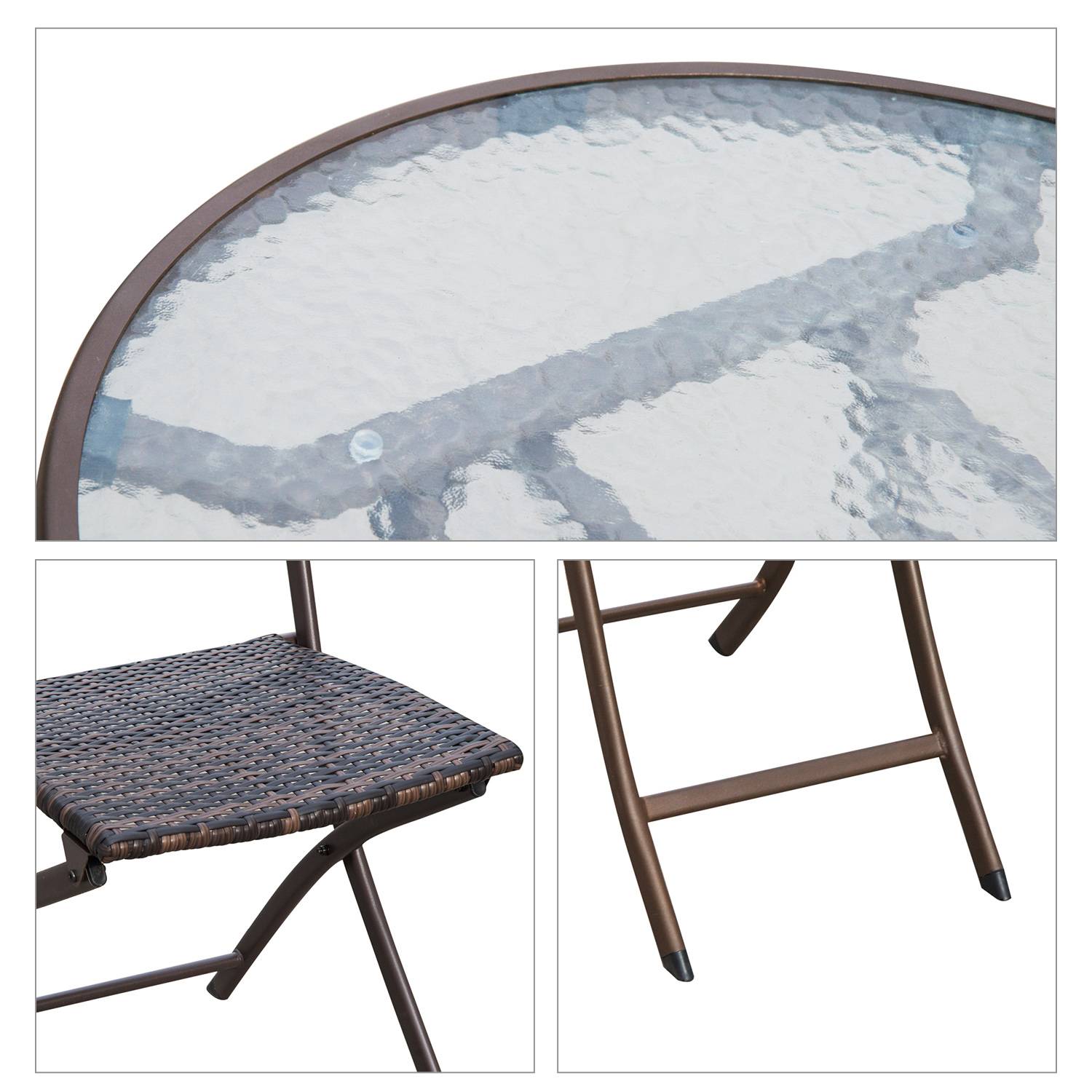 Outsunny - Ensemble salon de jardin 2 places table ronde pliable plateau verre trempé chaises pliantes résine tressée chocolat - Outsunny - Imagen 8