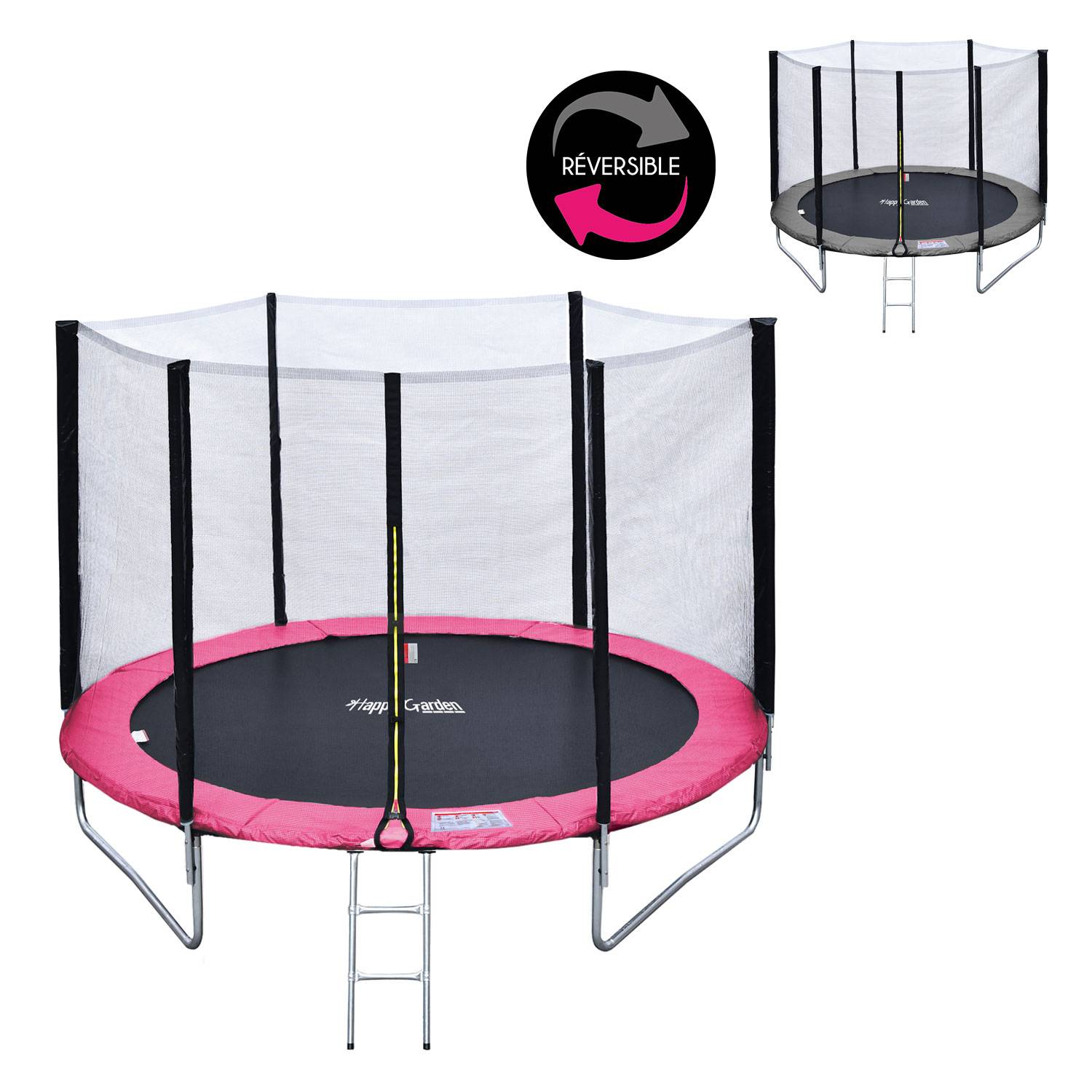 Pack Premium Trampoline 245cm réversible gris / rose CANBERRA + filet, échelle, bâche et kit d'ancrage - HAPPY GARDEN - Imagen 4