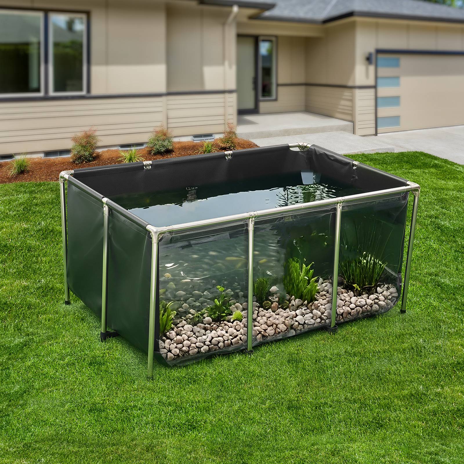 Vevor - Bassin à poissons hors sol 1023,3 L, toile PVC, panneau transparent, cadre inox, vanne de vidange, pour poissons rouges, carpes, koïs. - Image 8