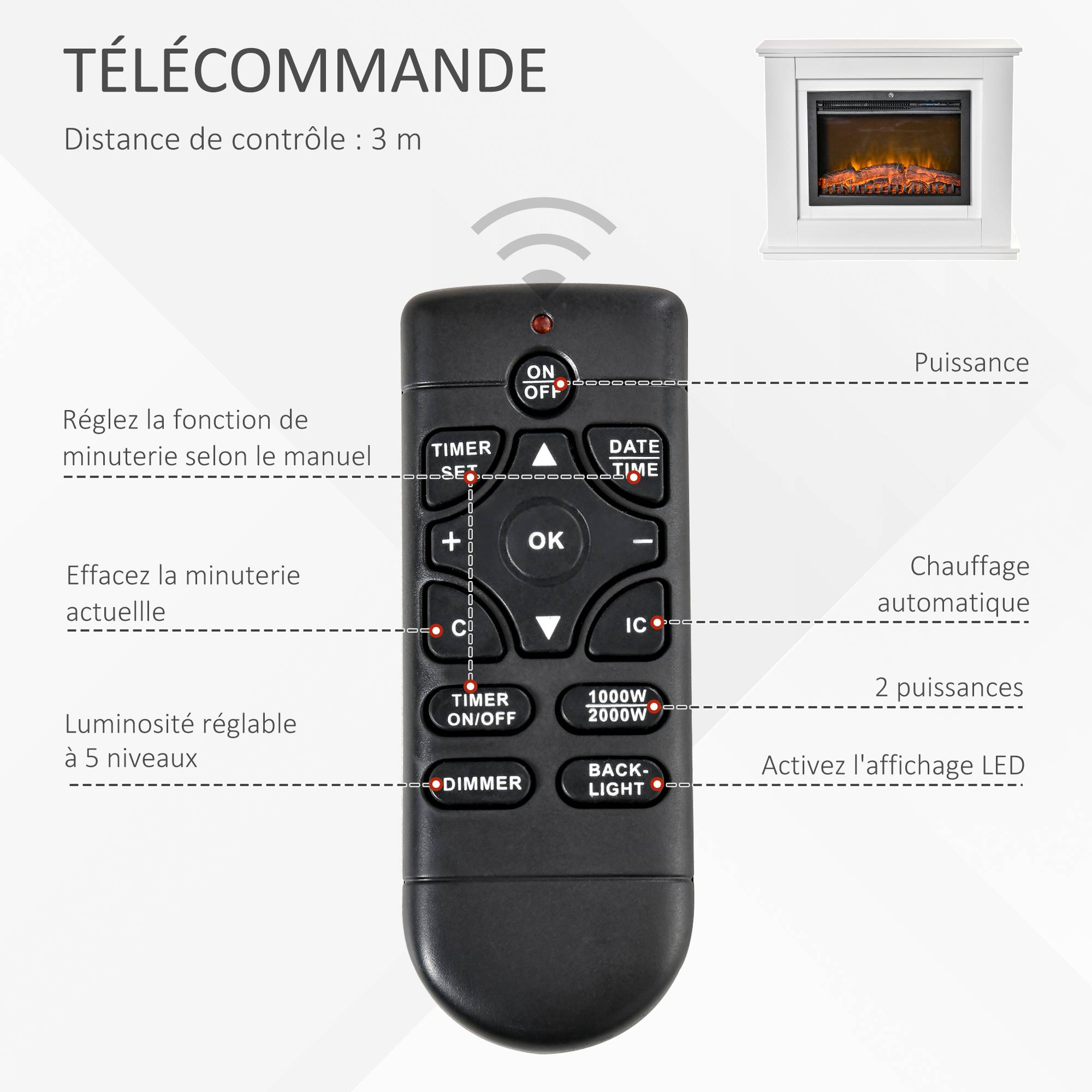 Cheminée électrique Grande Taille 2000 W Effet Flammes LED minuterie température luminosité réglables télécommande fournie Blanc - Image 7