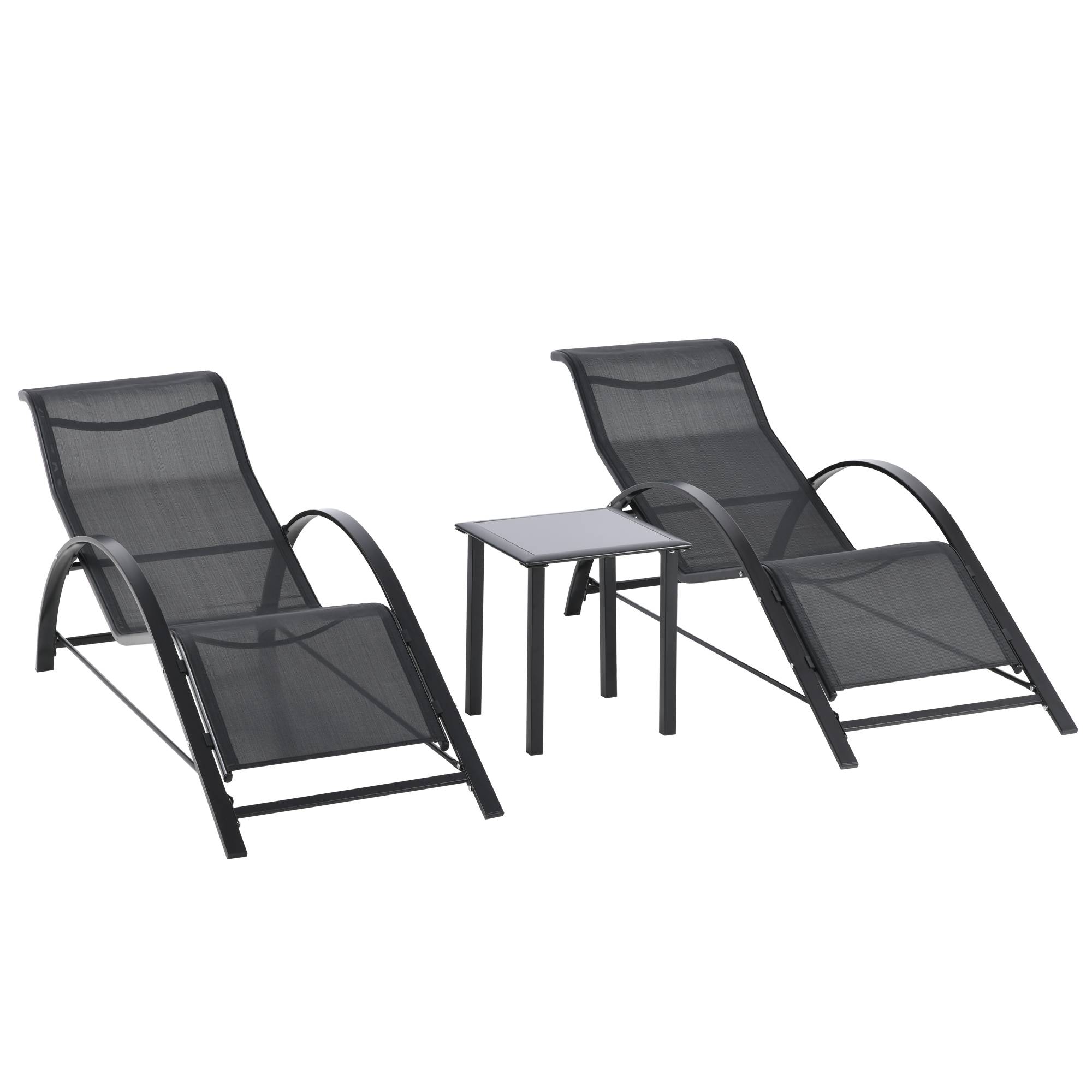 Outsunny - Lot de 2 bains de soleil design contemporain table basse plateau verre trempé métal époxy textilène noir - Outsunny - Imagen 4