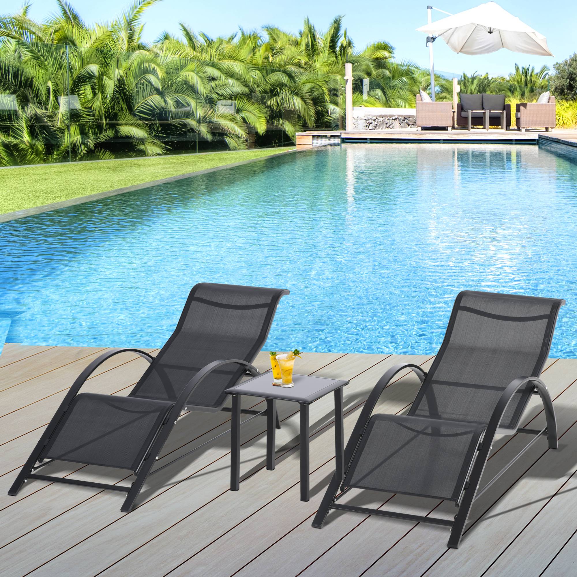 Outsunny - Lot de 2 bains de soleil design contemporain table basse plateau verre trempé métal époxy textilène noir - Outsunny - Imagen 2