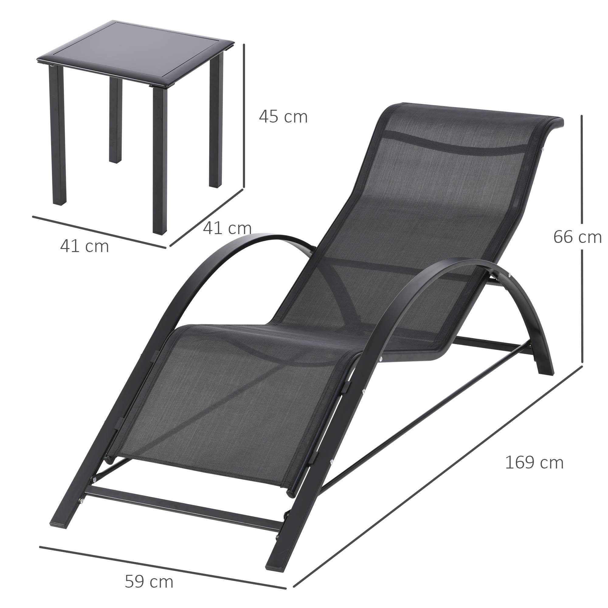 Outsunny - Lot de 2 bains de soleil design contemporain table basse plateau verre trempé métal époxy textilène noir - Outsunny - Imagen 3