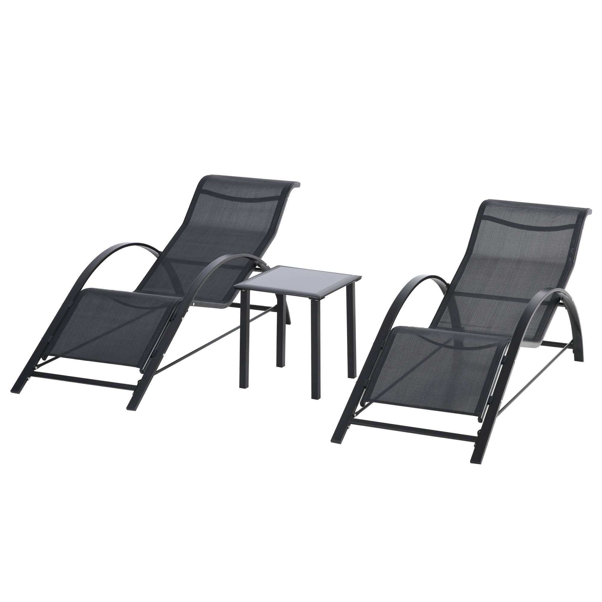 Outsunny - Lot de 2 bains de soleil design contemporain table basse plateau verre trempé métal époxy textilène noir - Outsunny - Imagen 1