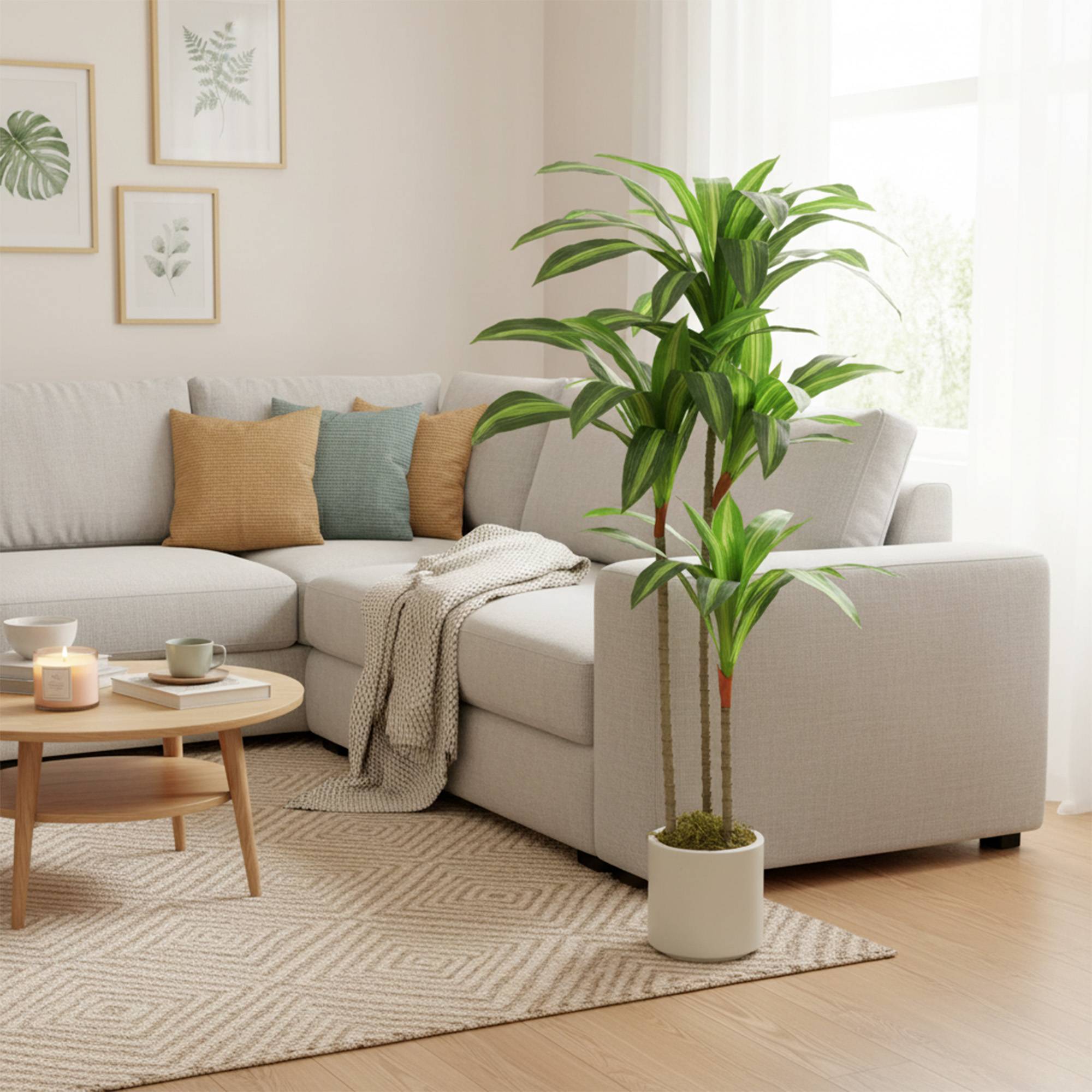 Dracena artificielle verte PEVA/bois, pot PP/ciment, 60x40x120cm - Image 4