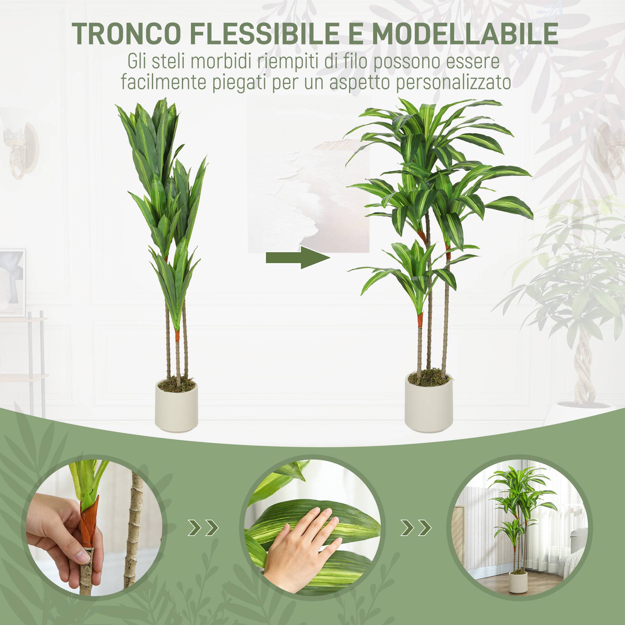 Dracena artificielle verte PEVA/bois, pot PP/ciment, 60x40x120cm - Image 8