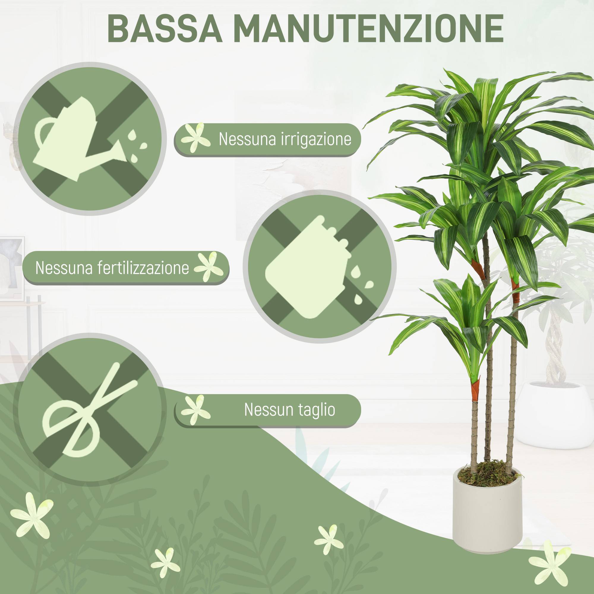 Dracena artificielle verte PEVA/bois, pot PP/ciment, 60x40x120cm - Image 7