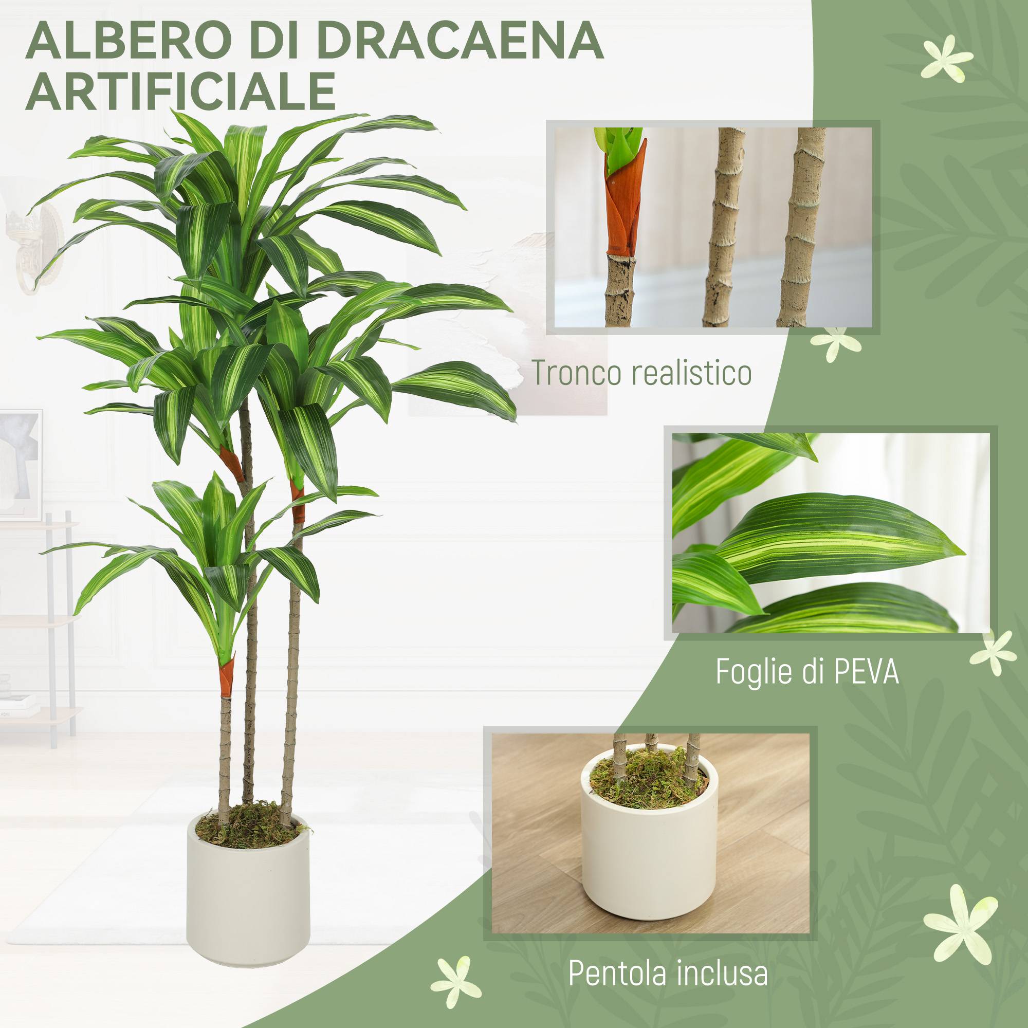 Dracena artificielle verte PEVA/bois, pot PP/ciment, 60x40x120cm - Image 6