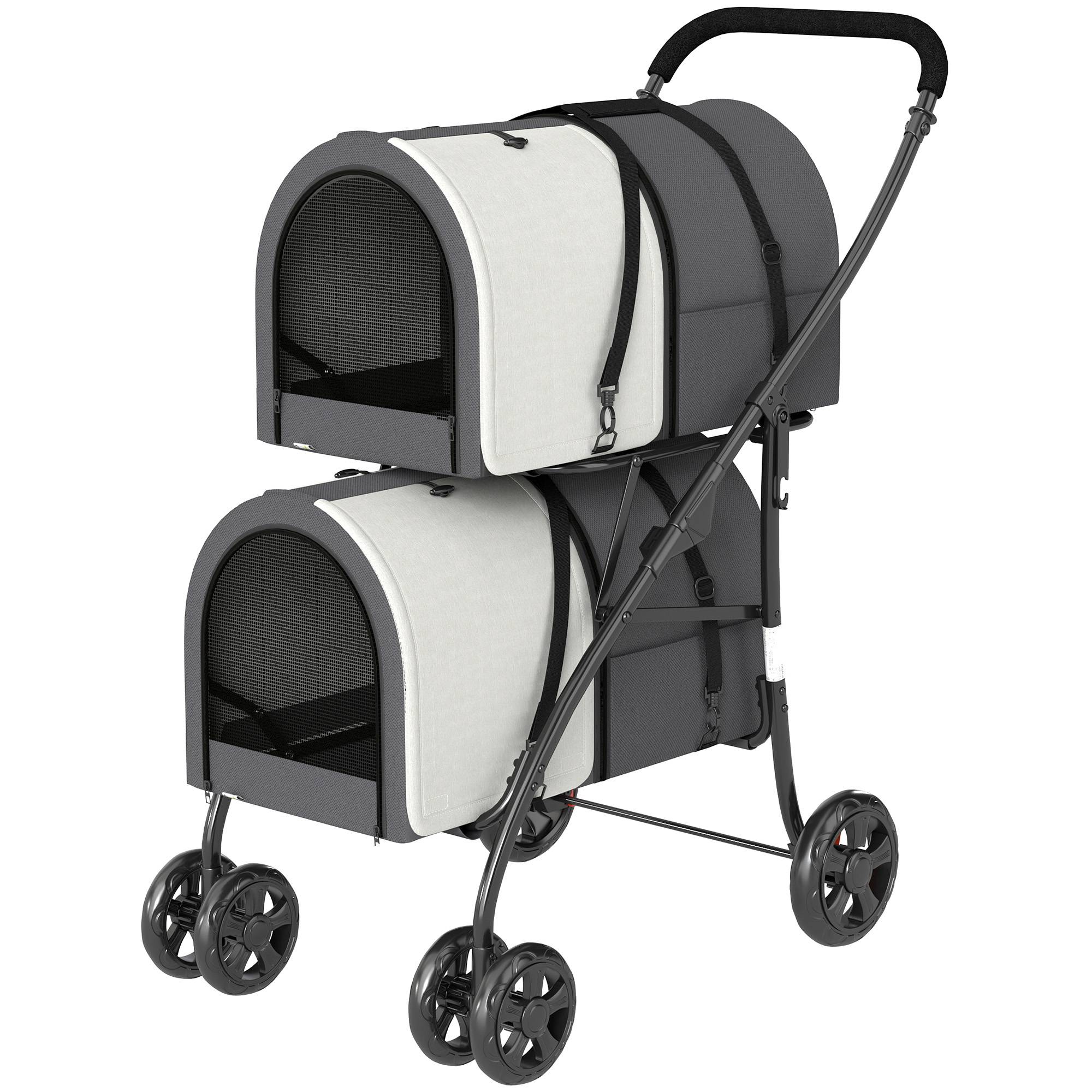 Poussette double pliable pour chiens et chats avec 2 paniers amovibles, ceinture et coussins, 66 x 50 x 98 cm, gris foncé - Image 2