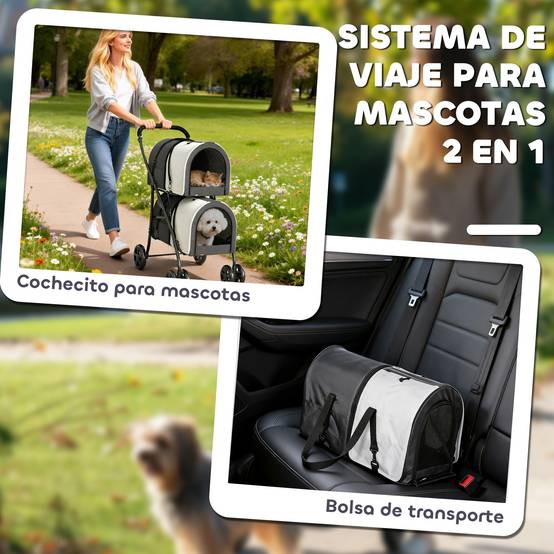 Poussette double pliable pour chiens et chats avec 2 paniers amovibles, ceinture et coussins, 66 x 50 x 98 cm, gris foncé - Image 6