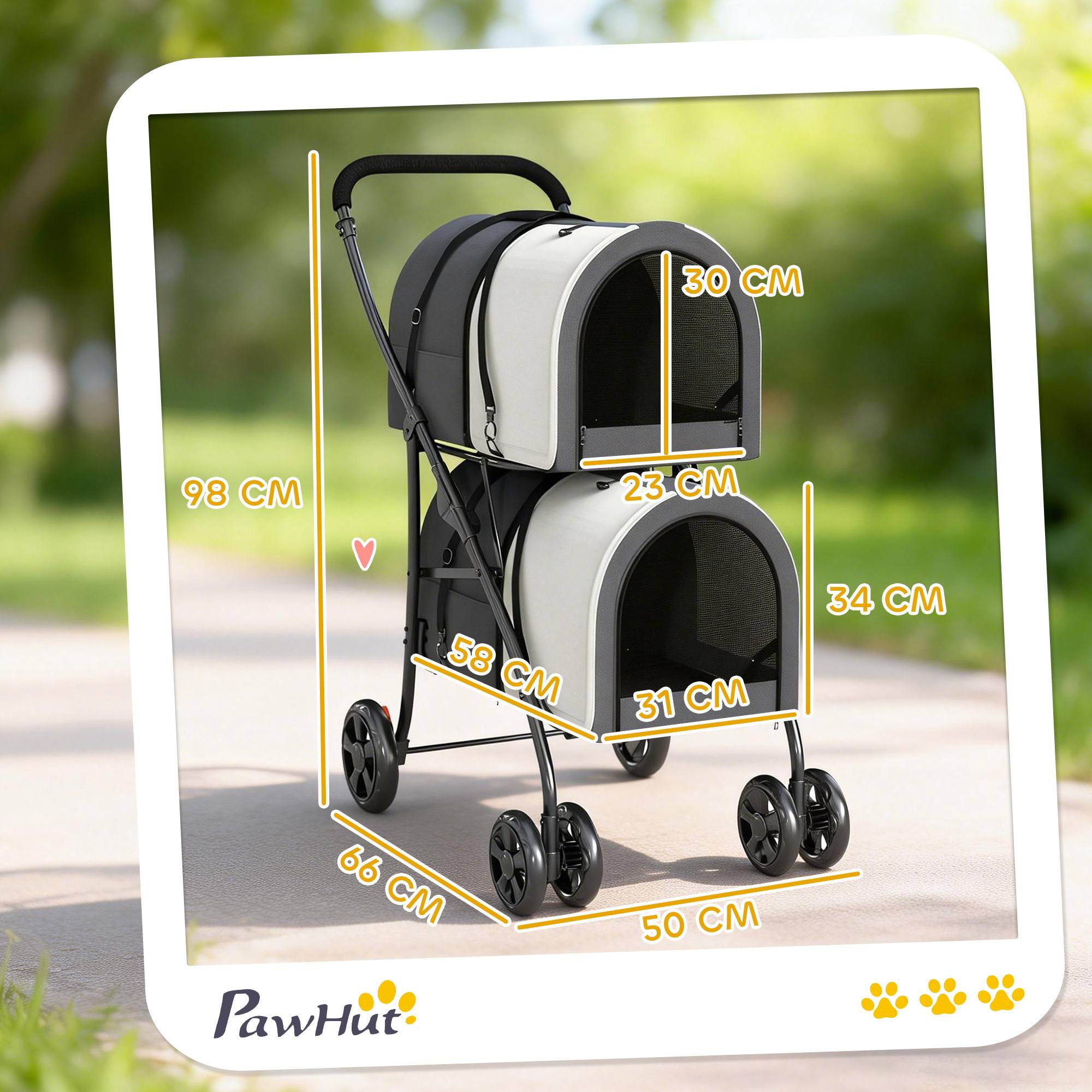 Poussette double pliable pour chiens et chats avec 2 paniers amovibles, ceinture et coussins, 66 x 50 x 98 cm, gris foncé - Image 5