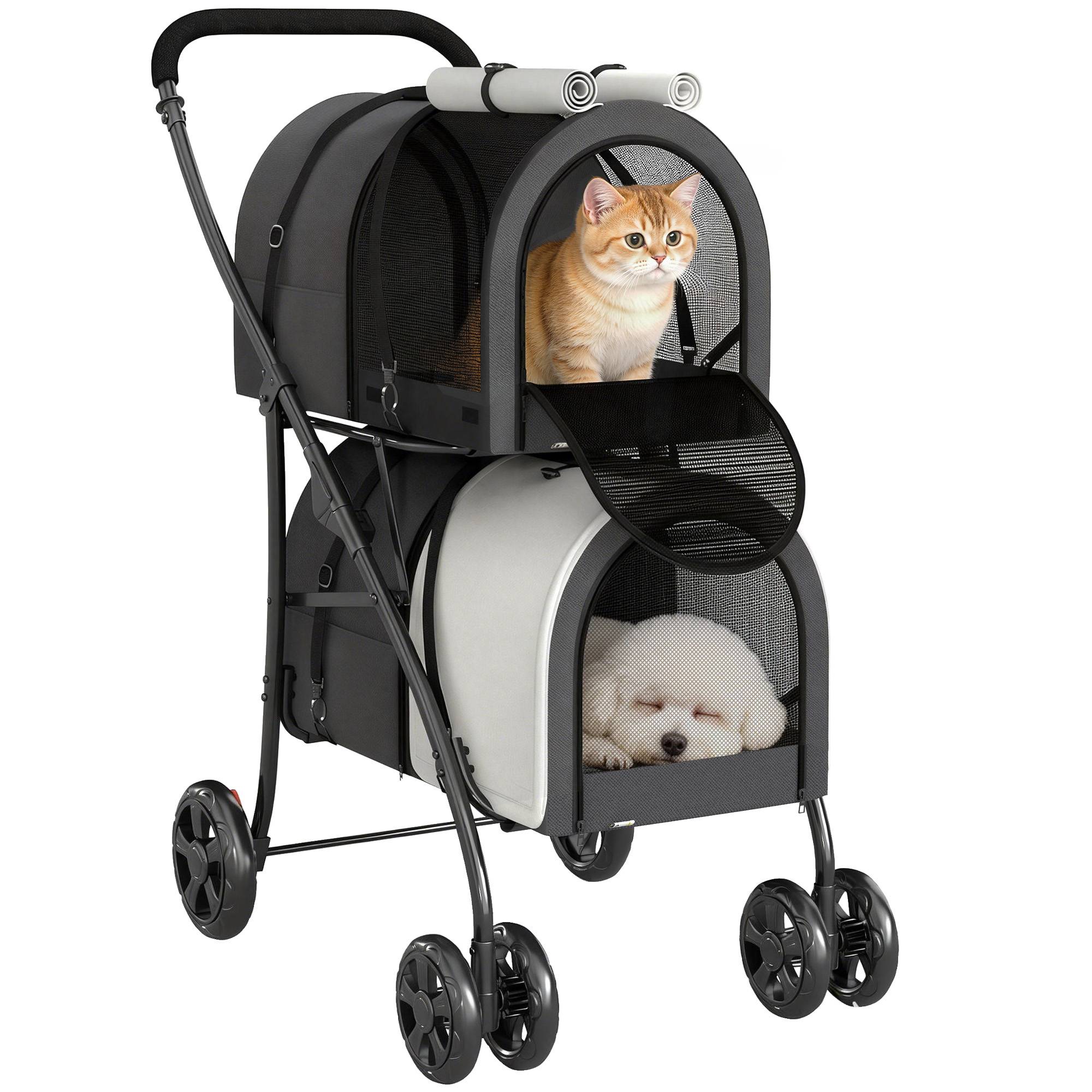 Poussette double pliable pour chiens et chats avec 2 paniers amovibles, ceinture et coussins, 66 x 50 x 98 cm, gris foncé - Image 1