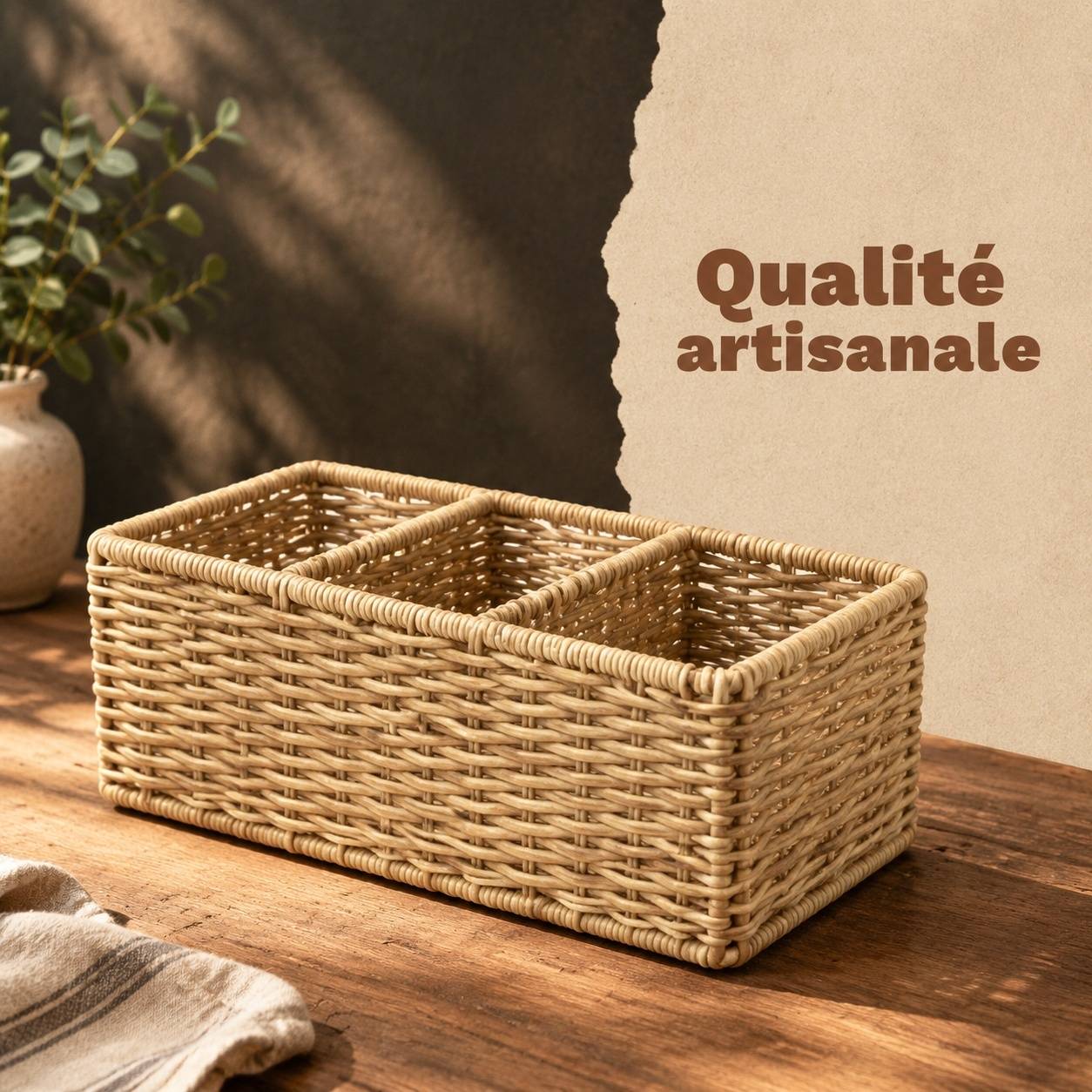 Panier Osier Tressé Main à 3 Compartiments Marron Clair Organisateur Multifonction - Image 5